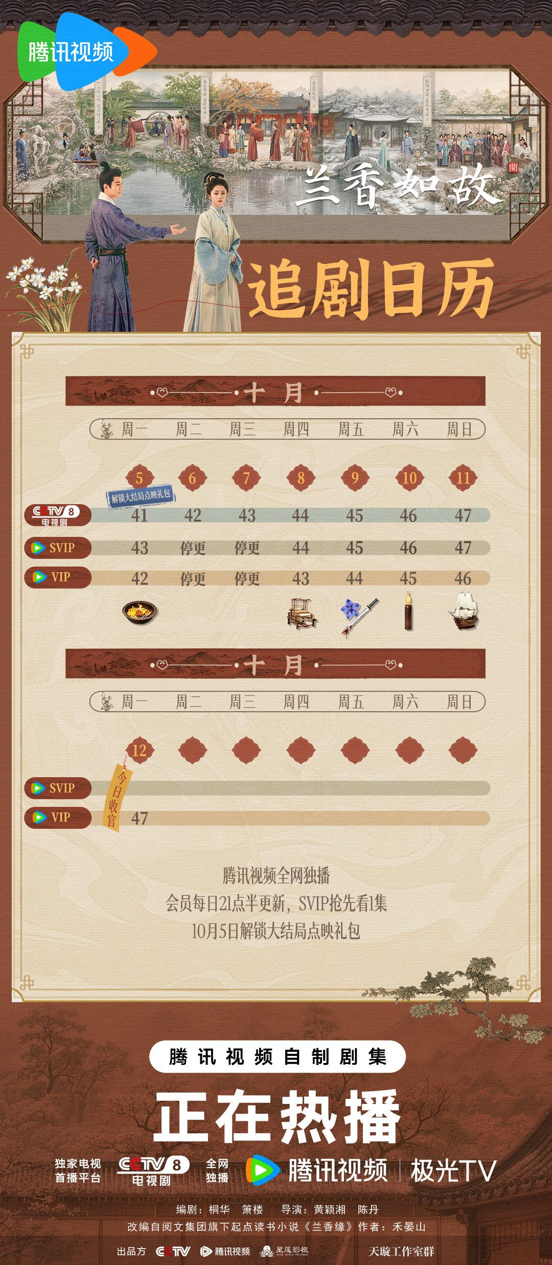#兰香如故追剧日历# 追剧日历上新🎉！岁月漫漫，聚散寻常。离人终有归期，牵挂终有着落。故事行至深处，唯愿人常聚，月常圆。10月5日，解锁大结局点映礼包！#兰香如故# 今晚21:30，锁定CCTV-8正在热播！ ​