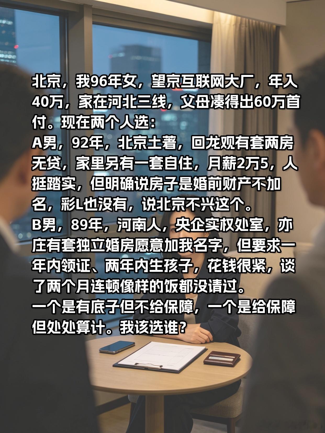 💌适婚年龄要选面包还是爱情？

北京，我96年女，望京互联网大厂，年入40万，家在河北三线，父母凑得出60万首付。现在两个人选：
A男，92年，北京土著，回龙观有套两房无贷，家里另有一套自住，月薪2万5，人挺踏实，但明确说房子是婚前财产不加名，彩L也没有，说北京不兴这个。
B男，89年，河南人， ​