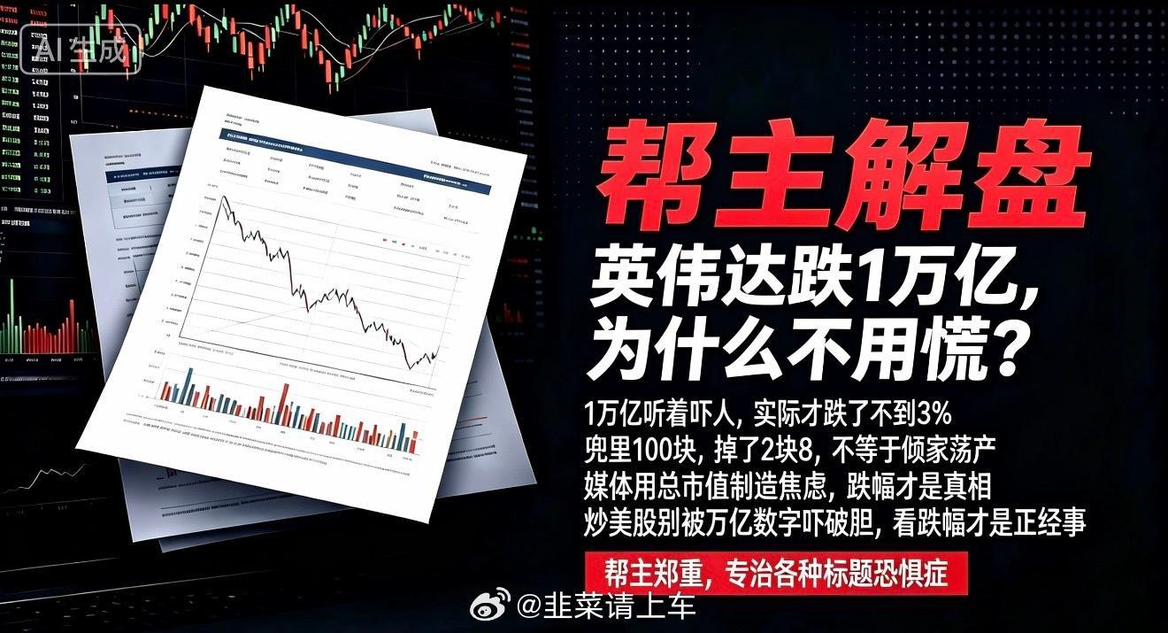 #英伟达一夜蒸发万亿元##帮主解盘# 
帮主看了一眼英伟达的跌幅，差点笑出声——1万亿听着吓人，实际才跌了不到3%。这就好比你兜里有100块，掉了2块8，非要喊“倾家荡产”了。

帮主翻译一下：1万亿看着唬人，是因为英伟达盘子太大，轻轻一哆嗦就是万亿级。媒体用总市值制造焦虑，跌不到3%的实情藏在标 ​