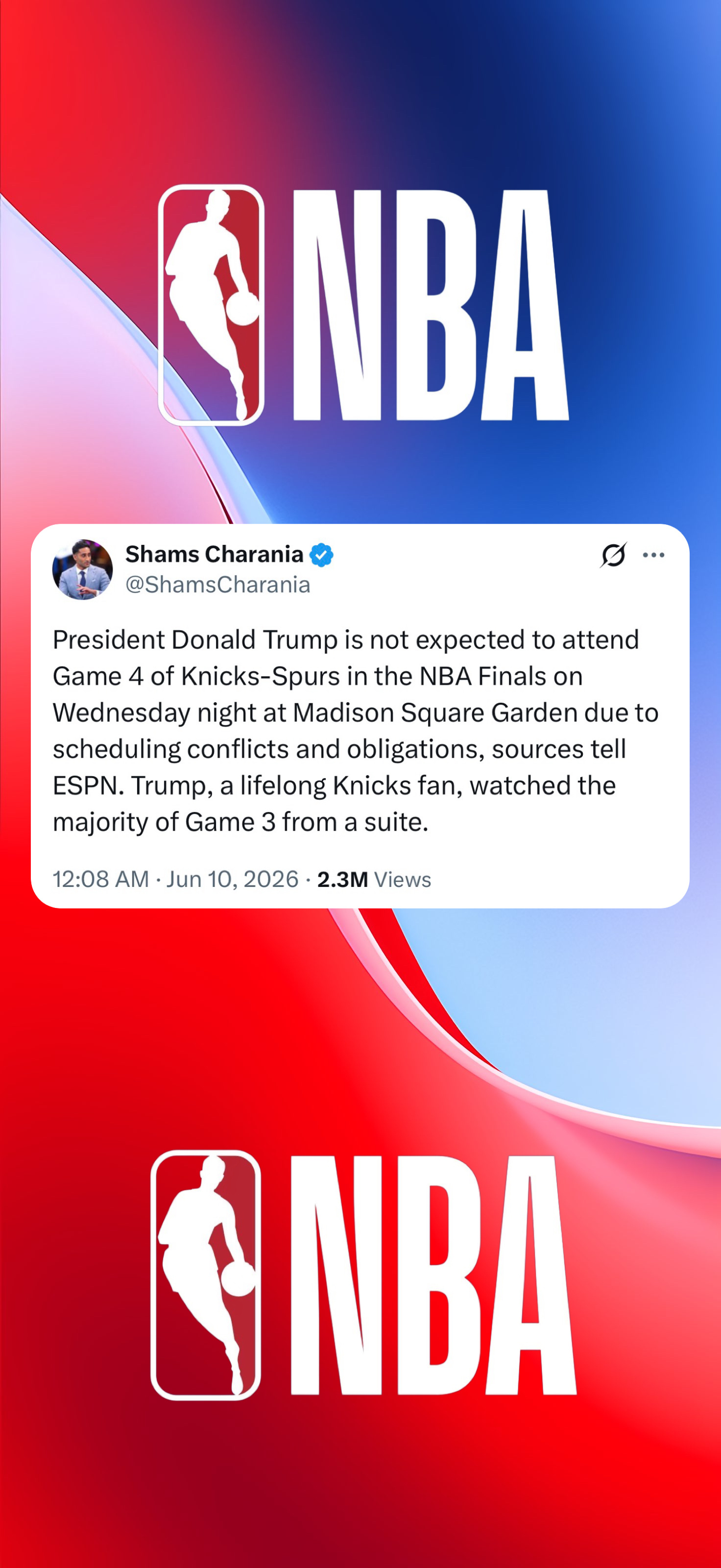 Shams-Charania：据消息人士向ESPN透露，唐纳德·特朗普...