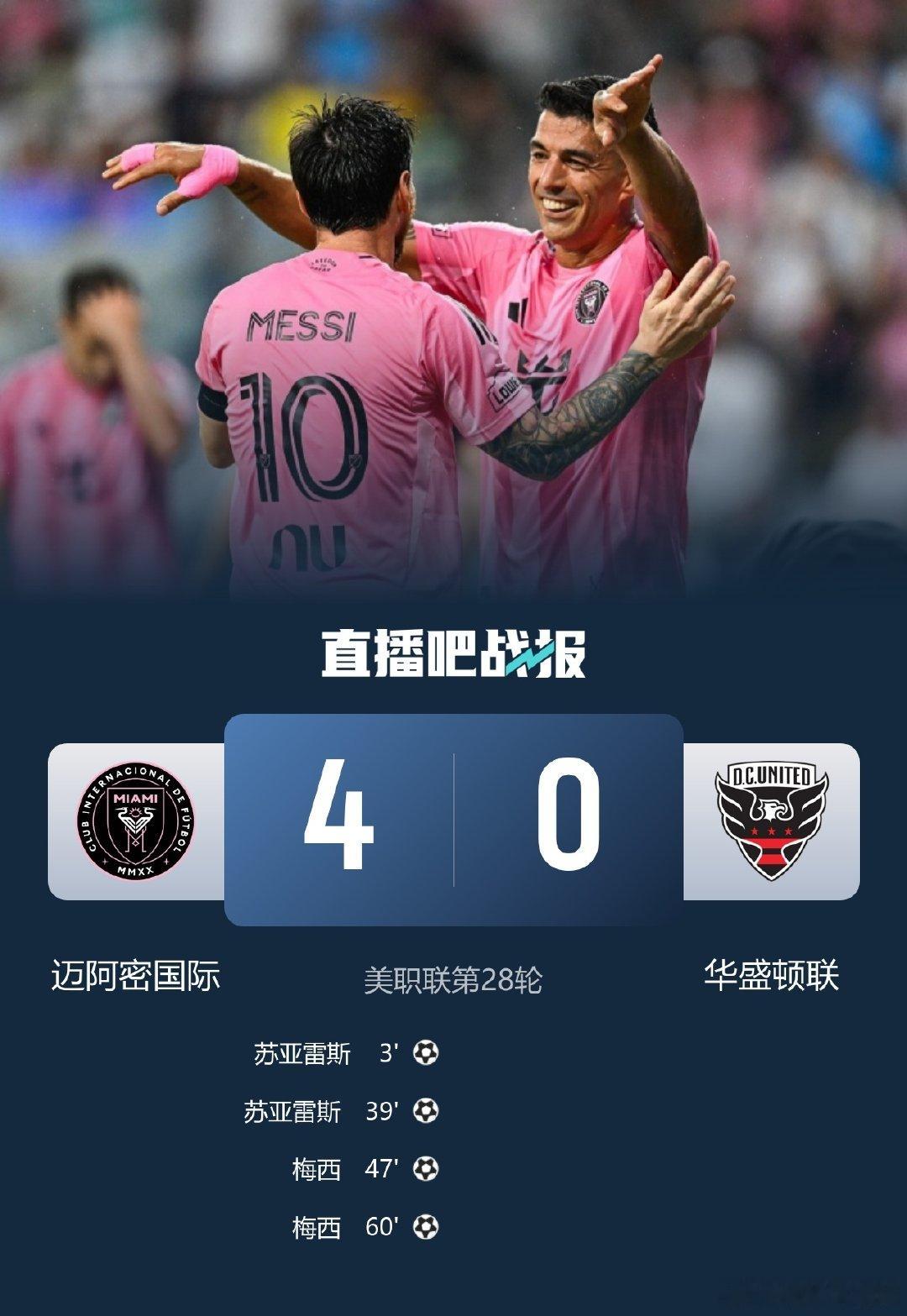 梅西双响+中柱！迈阿密国际4-0华盛顿联结束5轮不胜 苏牙2射1传 ​