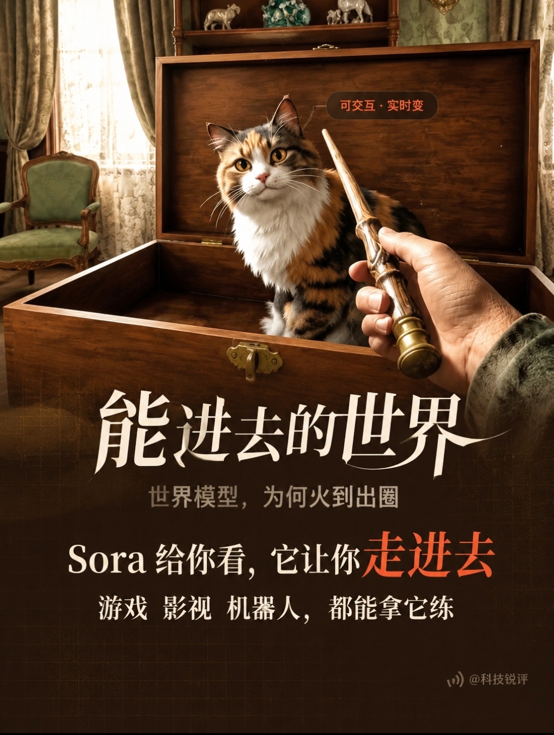 #世界模型为何火到出圈# Sora 生成一段视频，你只能盯着看。世界模型造一个空间，你能走进去、绕到背后，还能导出给机器人练手。这就是它今年被黄仁勋、李飞飞轮番点名、火出圈的原因。
黄仁勋把它叫"AI 当下最关键的方向"，李飞飞说空间智能是下一个前沿。大模型这几年在练"预测下一个词"，世界模型要 ​