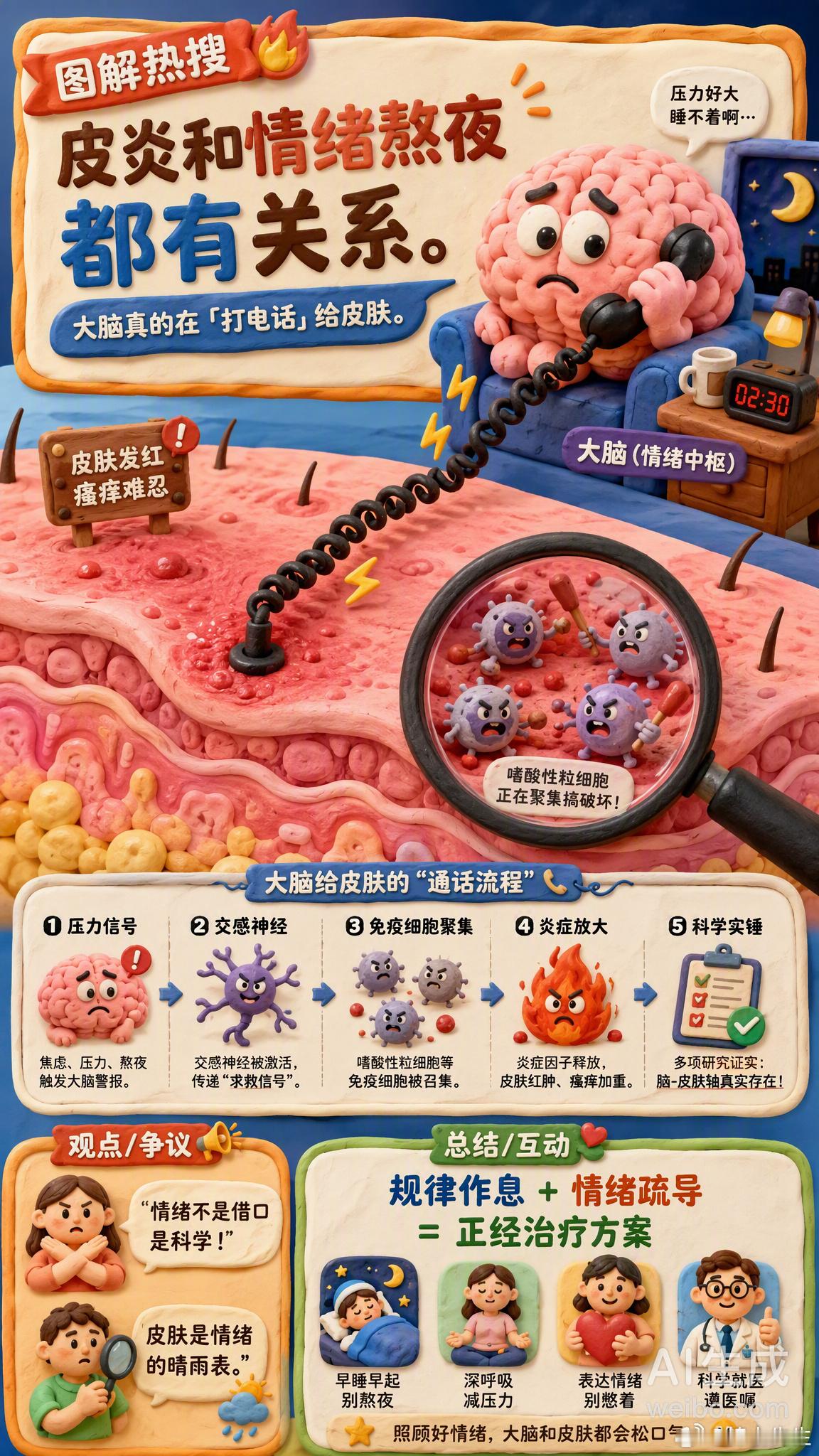 皮炎和情绪熬夜都有关系 一焦虑、一熬夜，皮肤就开始闹脾气——这真不是错觉！复旦大学团队今年在《科学》杂志发表的研究，首次从科学上证实了这条「大脑→皮肤」的隐秘通道：🔬 压力信号通过交感神经释放趋化因子，像「钥匙」一样把嗜酸性粒细胞招募到皮肤里，直接放大炎症反应。简单说，大脑真的在「打电话」给皮肤，指挥免疫细胞「干活」。💡 几个值得关注的点：· 情绪、熬夜不只是「诱因」，而是有明确神经免疫通路的加重因素· 神经性皮炎、特应性皮炎患者尤其要注意情绪管理· 未来或可通过阻断这条通路，切断压力对皮肤的伤害皮肤是情绪的晴雨表，这句话现在有了硬核科学依据。所以别再说「别想太多就好了」，规律作息+情绪疏导，真的是正经治疗方案的一部分。你有过「一压力大皮肤就变差」的经历吗？情感热点创作激励计划