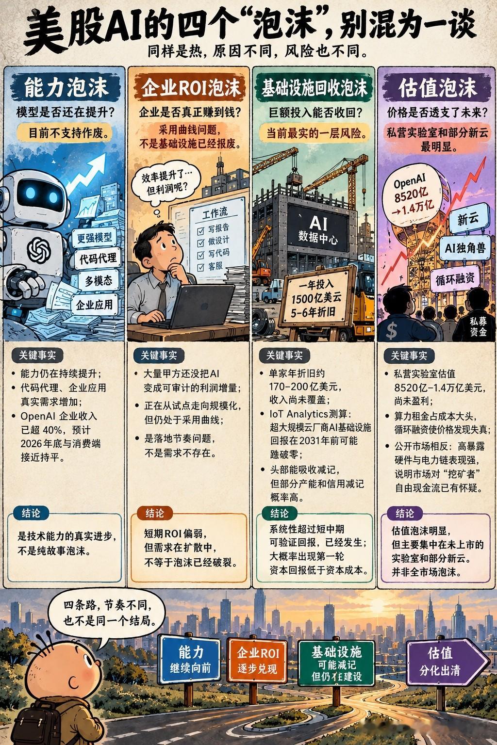 美国AI四个常被混称的“泡沫”
能力泡沫：模型是否还在提升。目前不支持作废。代码代理、企业收入占比上升是真实需求，不是纯故事。OpenAI称企业收入已超40%，并指向2026年底与消费端接近持平。
企业ROI泡沫：多数甲方还没把AI变成可审计的利润增量。这是采用曲线问题，不是基础设施已经报废。
基础