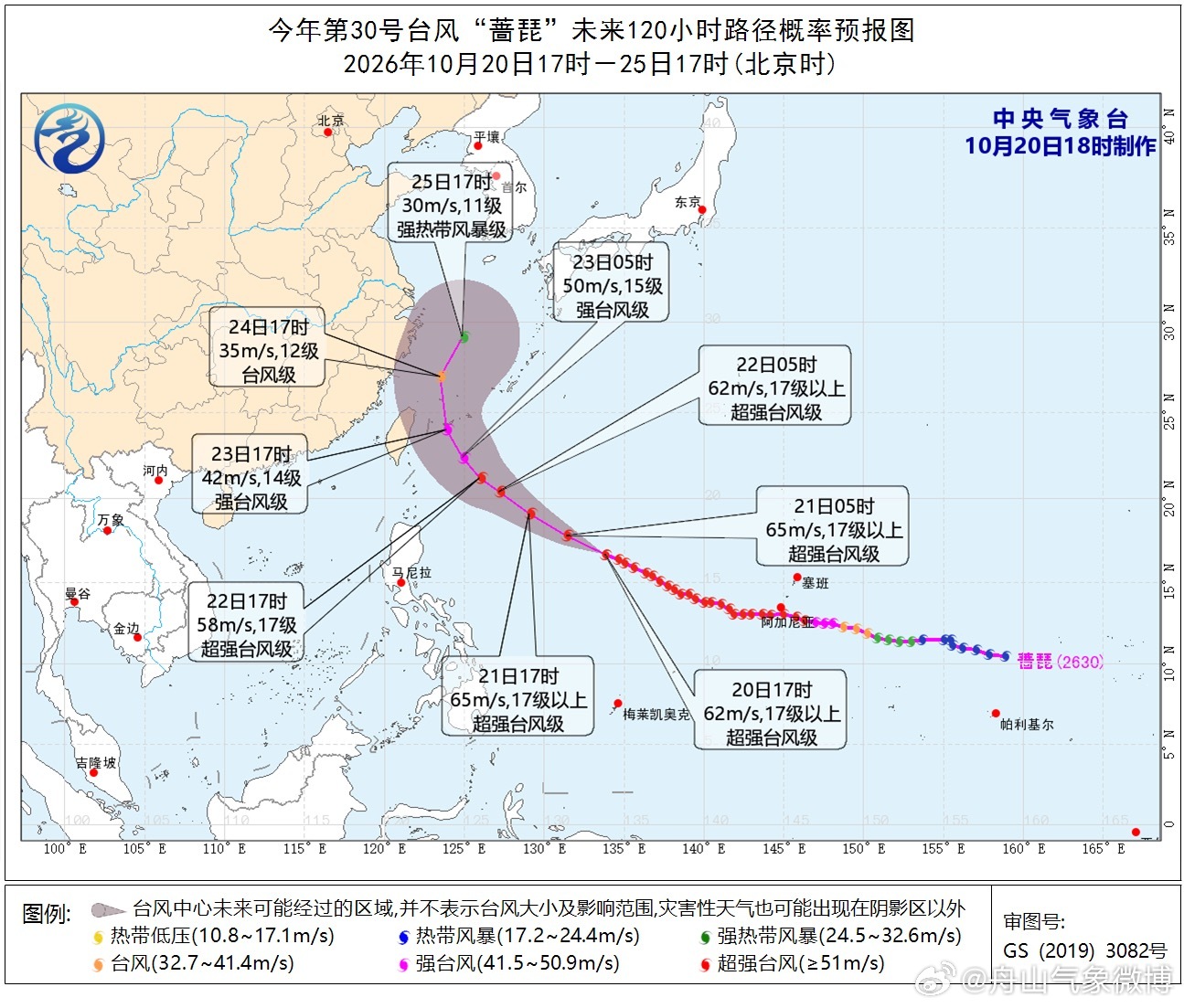 #台风动态# 今年第30号台风“蔷琵”（超强台风级），今天（20日）17时中心距离台湾台北市东南方向约1580公里的洋面上，就是北纬16.7度、东经133.8度，17级以上（62米/秒），915百帕。预计“蔷琵”将以每小时20-25公里的速度向西偏北方向移动，强度变化不大。舟山市气象台10月20日17时50分发布#台风蔷琵 ​
