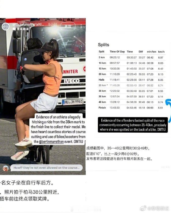 小红书53万粉丝运动博主“Abeeeer”参加柏林马拉松，被拍到中途坐自行车，赛后还晒PB，翻车速度比配速还快。
 道歉后把评论区设成“仅关注可评”，品牌BROOKS也直接宣布终止合作。 
人设可以立，赛道不能坐；真实才是运动博主最硬的装备。
#柏林马拉松坐自行车博主道歉##53万粉博主柏林马作弊被实锤# ​