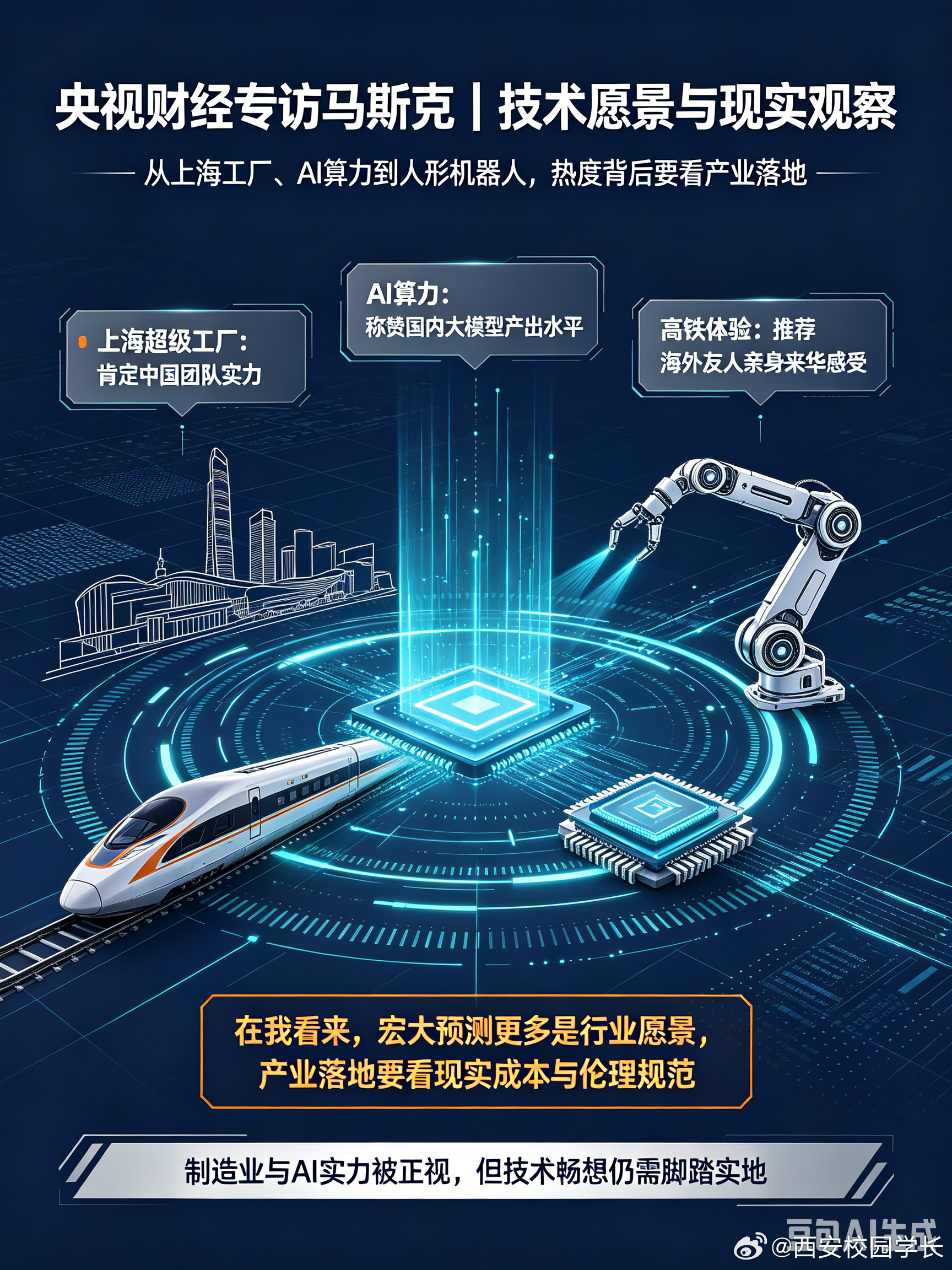央视财经专访马斯克马斯克接受央视财经专访，谈及多个热门话题。他肯定上海超级工厂离不开中国团队的实力，称赞国内AI大模型算力产出处于全球第一梯队，还分享坐高铁往返北京西安的亲身感受，力荐海外友人亲身来中国感受风土人情。对于人形机器人，他给出十分大胆的预判，认为20年内全球或将达到千亿台规模，未来机器人可以承担照料、教学等大量工作。在我看来，宏大的技术预测更多是行业愿景。产业落地要看现实成本、伦理规范。但他的评价也侧面说明，我们的制造业与AI实力，已经得到全球顶尖企业家的正视。央视财经专访马斯克