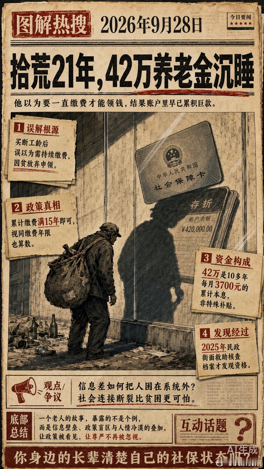 湖南常德71岁的茹先生，在街面救助时被民政核查档案才发现，自己每月有近3700元养老金没领，账户里已经累积了42万余元。

他早年在株洲一家国企工作超过30年，养老保险改革前的工龄被认定为视同缴费年限。2015年左右达到退休年龄时，他误以为买断工龄下岗后必须自己持续缴费才能领钱，因为没钱便彻底放 ​