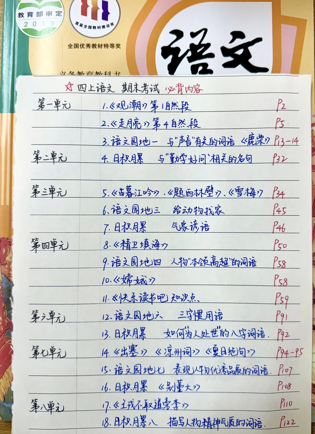 四上语文期末考试必背内容目录｜期末复习
