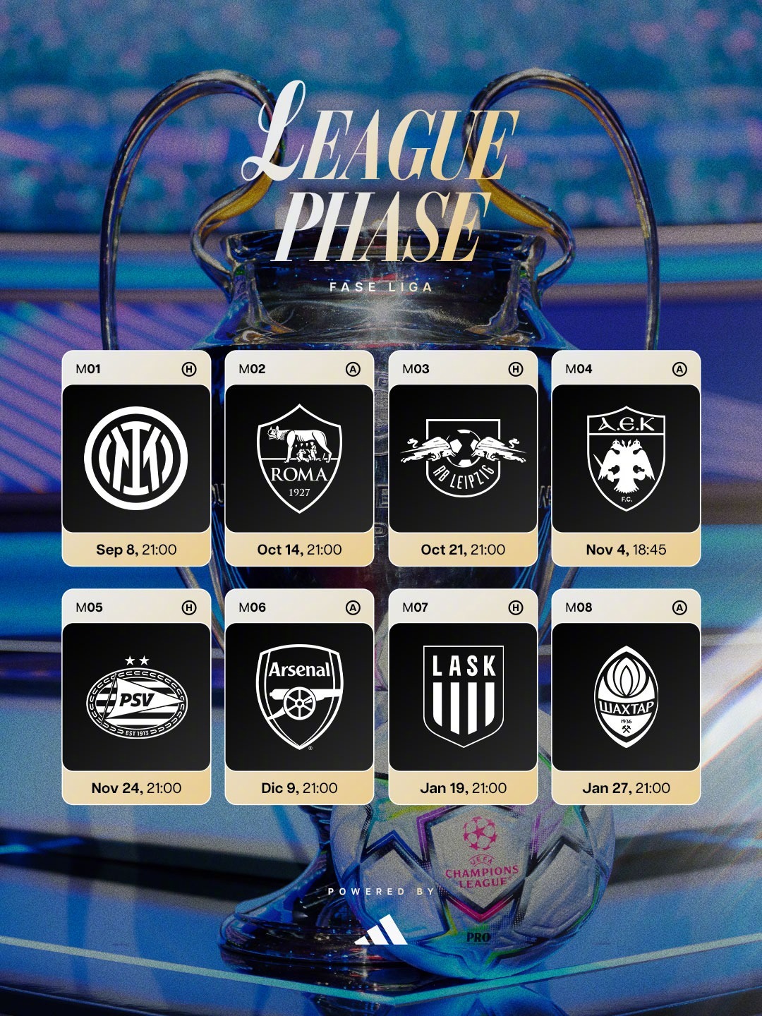 欧冠联赛阶段赛程出炉🔥

第1轮：9月9日03:00 皇马🆚国际米兰
第2轮：10月15日03:00 罗马🆚皇马
第3轮：10月22日03:00 皇马🆚RB莱比锡
第4轮：11月5日01:45 雅典AEK🆚皇马

第5轮：11月25日04:00 皇马🆚埃因霍温
第6轮：12月10日04:00 阿森纳🆚皇马
第7轮：1月20日04:00 皇马🆚林茨
第 ​