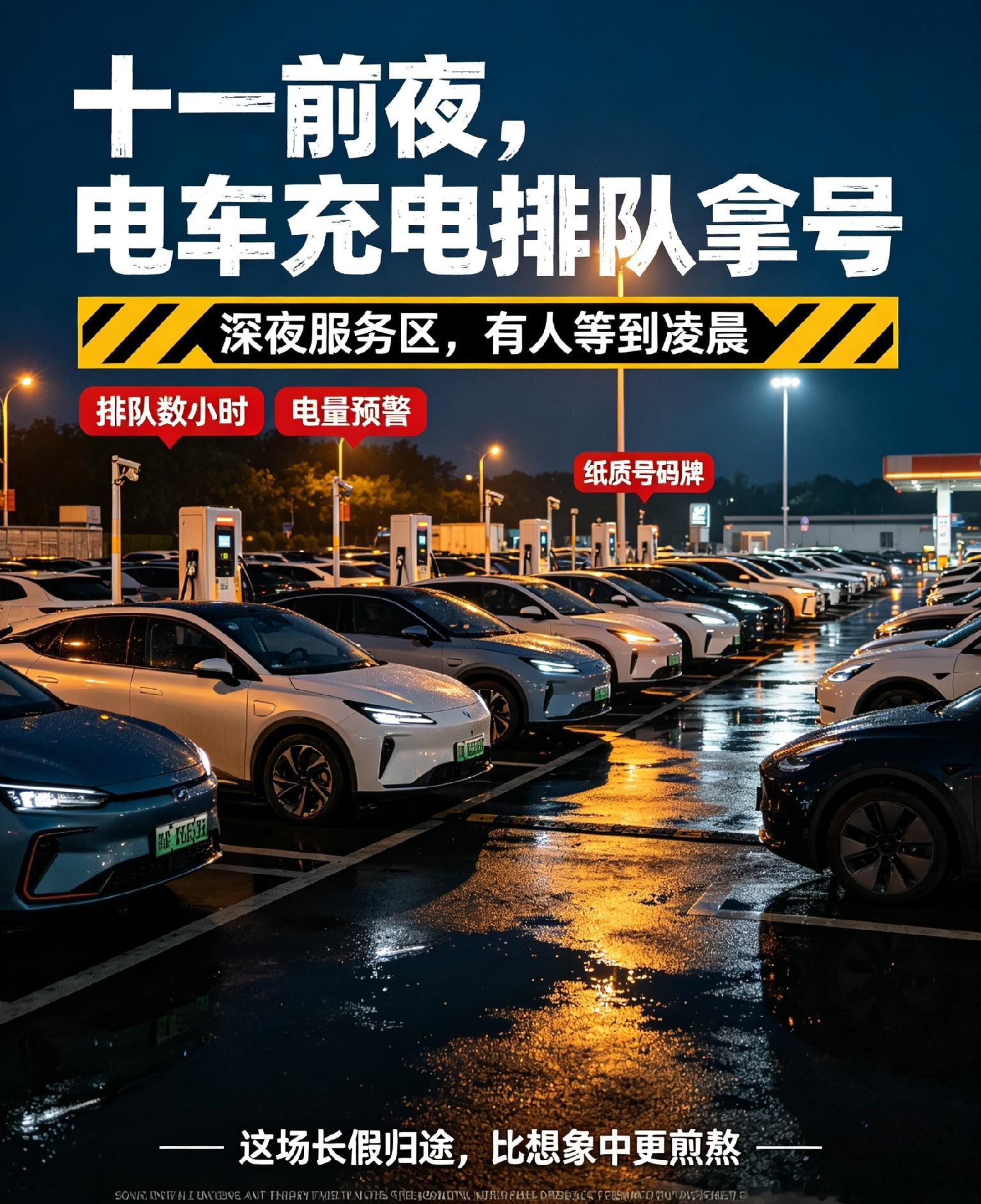 前言
 
国庆长假开启前的深夜时段。全国各大高速服务区出现颠覆认知的出行画面。
 
燃油车快速进站补给、即刻驶离车道。新能源汽车停滞在服务区充电区域，形成绵延数百米的等候车流。
 
纸质排队号码牌成为当晚高速最常见的物品。人