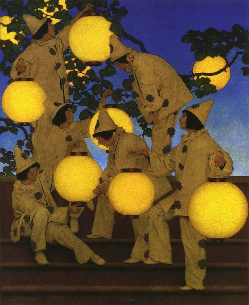 #遇见艺术# 
《提灯笼的人》The Lantern Bearers

这幅作品是美国插画大师马科斯菲尔德・帕里斯（Maxfield Parrish）创作于 1908 年的布面油画。

暮色降临，深邃澄澈的宝蓝色夜空铺展背景，几名身着米白小丑戏服的人物聚集在石阶之上，错落站立、蹲坐，正摆弄、悬挂着一颗颗浑圆饱满的金色灯笼。暖黄 ​