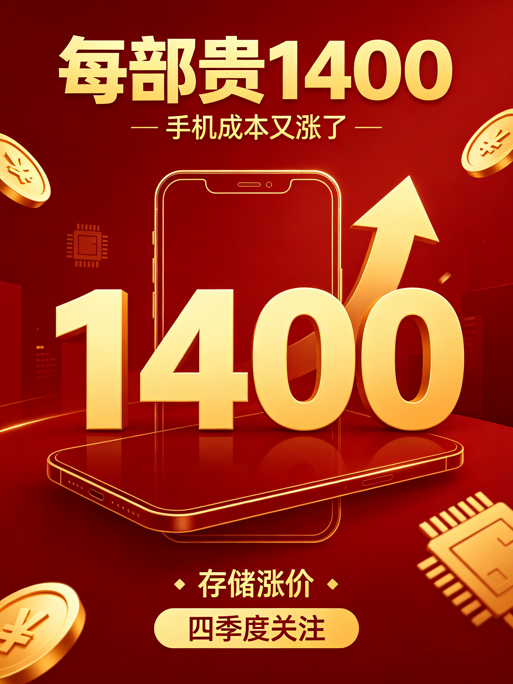 每部手机贵了1400块。
余承东自己说的。
存储元器件涨价，每部手机成本增加超200美元。
约合1400块人民币。
华为一直自己扛着，但扛不住了。
小米、vivo、OPPO、荣耀早就涨了。
DRAM已经超过处理器，成了手机里最贵的零件。
四季度还要再涨10%-15%。
你最近打算换手机吗？趁早。
晚
