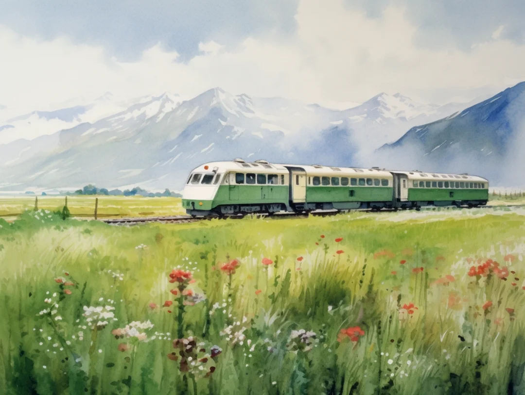 AI水彩：坐着火车去旅行