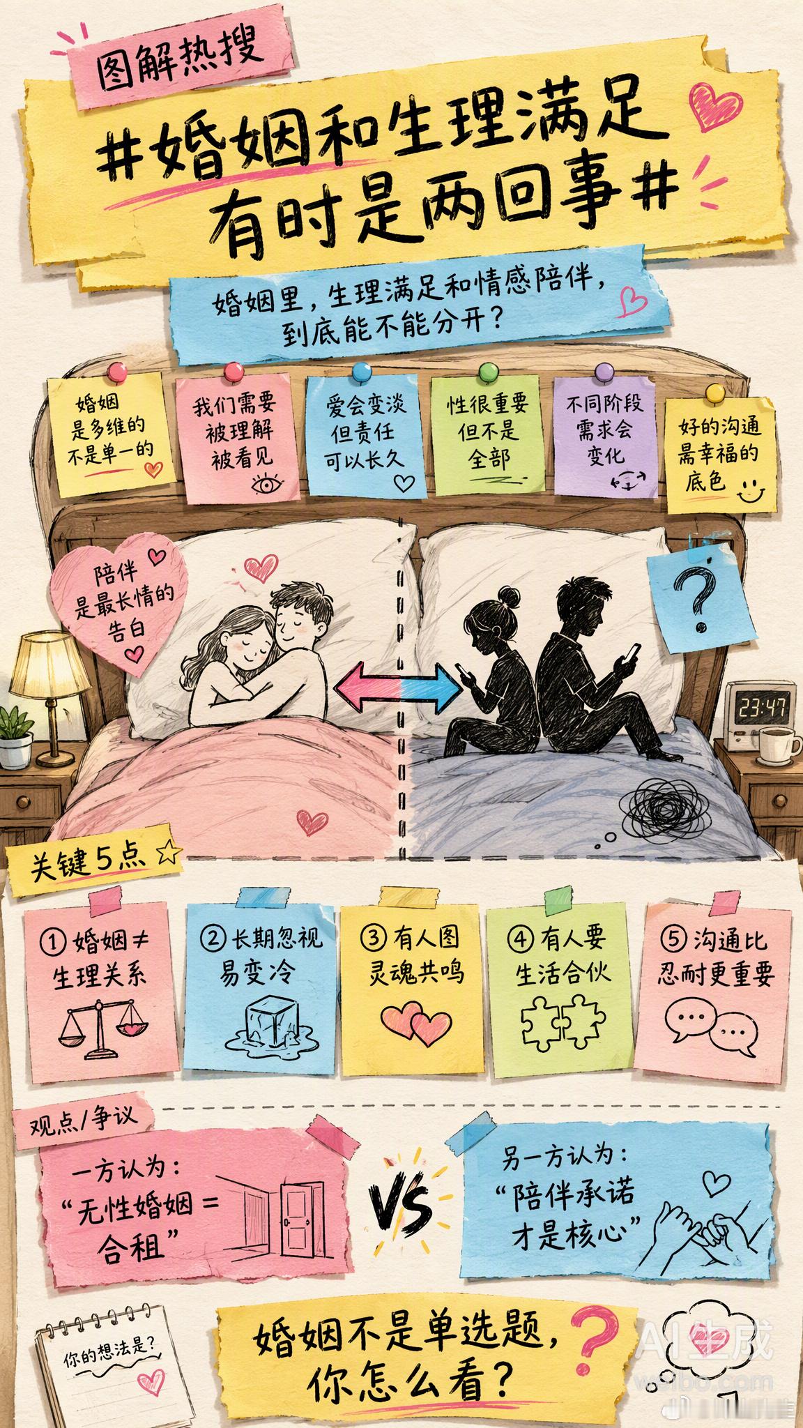 婚姻和生理满足有时是两回事 有人觉得，婚姻的本质就是生理关系，没有亲密互动，婚姻跟合租有什么区别？也有人认为，婚姻的核心是陪伴、承诺和共同成长，生理满足只是其中一部分，甚至可以分开看待。几个值得思考的角度：· 婚姻里，生理需求长期被忽视，确实容易让关系变冷· 但把婚姻完全等同于生理关系，也可能忽略了情感和责任的分量· 现实中，很多人把婚姻、生育、性需求混为一谈，结果三者都没处理好说到底，婚姻不是单选题。每个人对婚姻的期待不同，有人图的是灵魂共鸣，有人看重的是生活合伙。关键是两个人能不能坦诚沟通，而不是各自揣着委屈硬撑。你怎么看？你觉得婚姻里，生理满足和情感陪伴哪个更重要？情感热点创作激励计划情感态度表达
