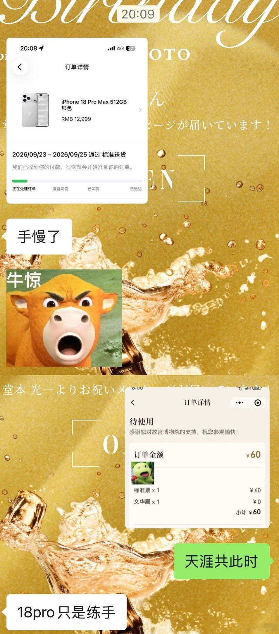 人生的参差。
我在抢60块的故宫文华殿特展。
同一时间，朋友在抢苹果18pro max。
天涯共此时[淡淡的]。 ​
