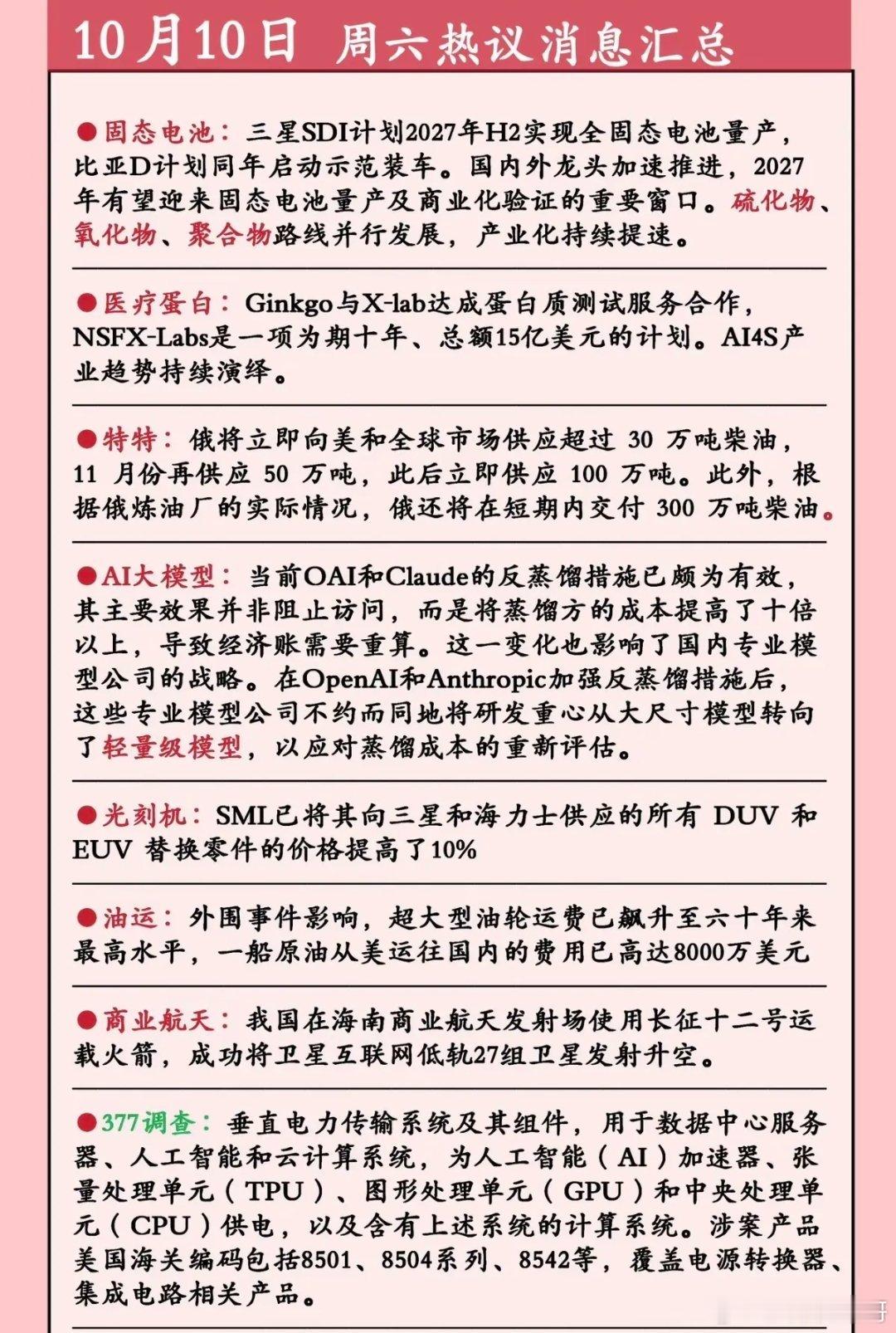 10.10周六  市场热议+财经热点信息整理！

1.固态电池
2.医疗蛋白
3.柴油
4.人工智能，AI大模型
5.光刻机
6.商业航天 ​