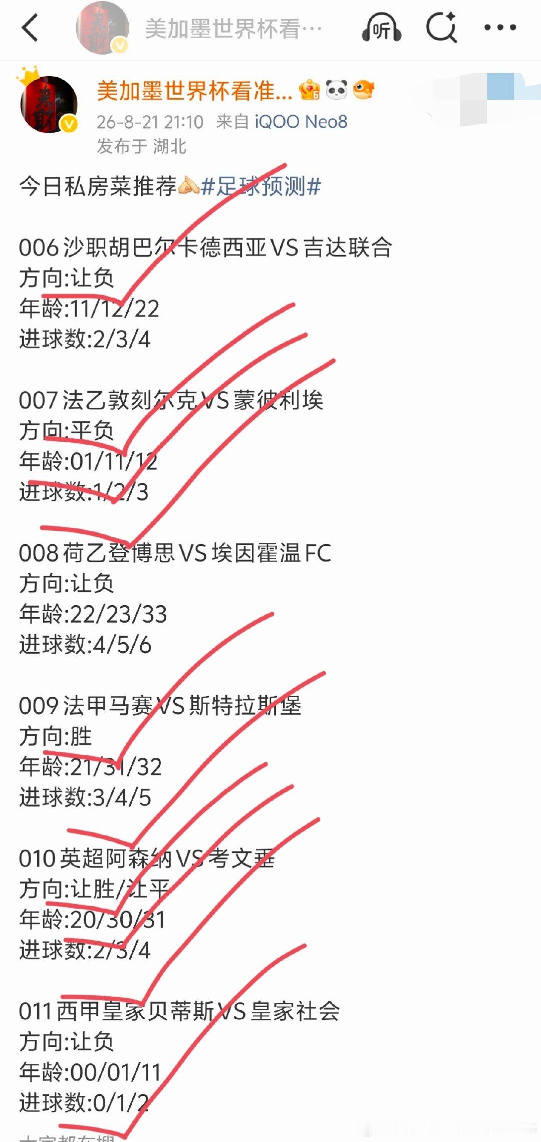 昨日#足球# 私房菜方向6✔️4，比分拿下二场[耶] ​