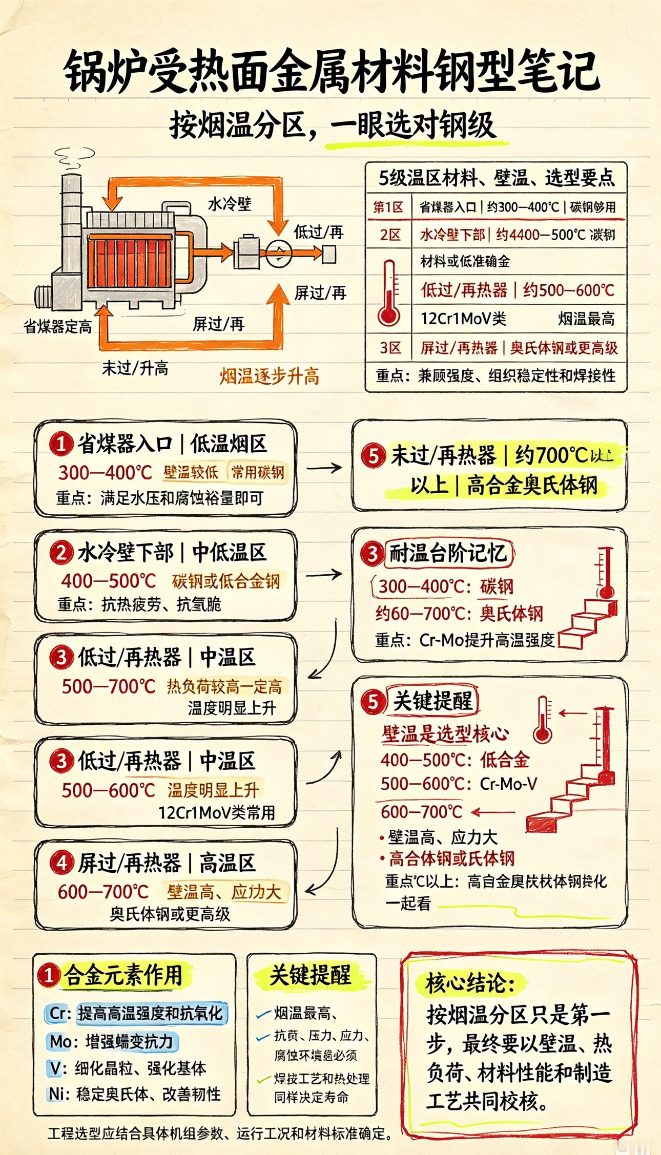 超超临界锅炉受热面都用什么材料？5级温区对应钢种，电厂人一次搞懂

在电厂锅炉巡检和金属监督工作中，很多人都有疑问：同样是受热面管子，省煤器、水冷壁、过热器、再热器用的钢材为什么不一样？为什么越靠烟气高温侧，材料等级越高、价格越贵？

其实锅炉受热面选材，从来不是看“熔不熔化”，核心看最高管壁温度、
