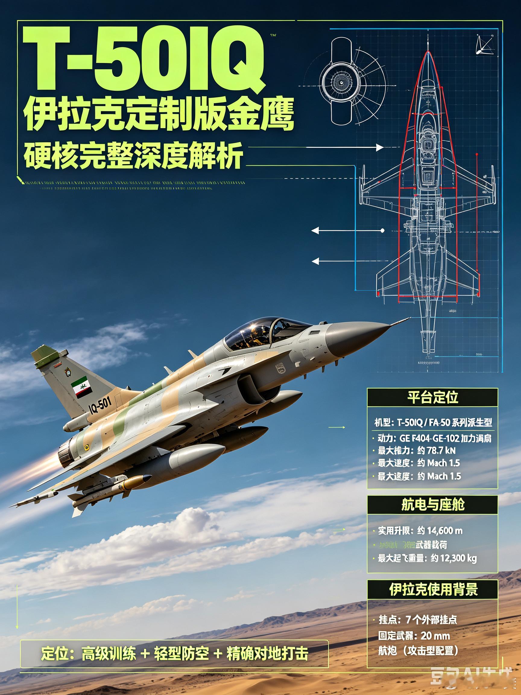 #军事ai新视野# T-50IQ（伊拉克定制版金鹰）#ai热力追踪# 
 
定位：韩国KAI基于FA-50开发，专供伊拉克的高级喷气教练/轻型攻击机，兼顾战斗机飞行员高阶训练+低烈度对地打击，伊拉克空军第204训练中队装备，驻Al-Saib基地
 
合同：2013年签约，采购24架，总合同金额11亿美元（含后勤、飞行员培训）；20 ​