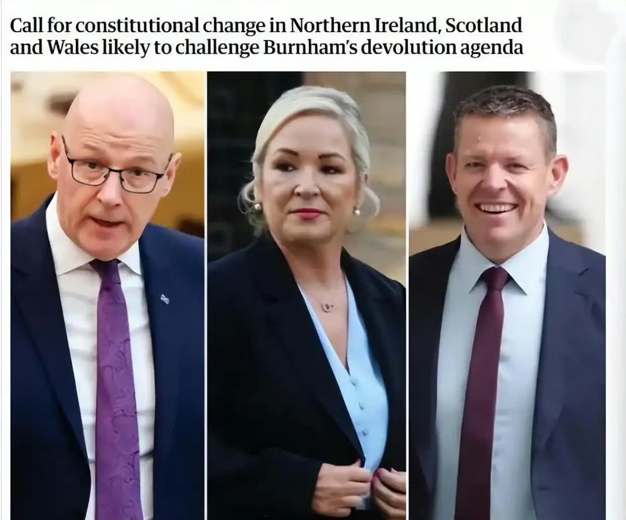 英国会不会走向分裂？大不列颠难道最后只剩下英格兰？最近英国舆论都在热烈讨论这个尖锐问题。
 
苏格兰、威尔士、北爱尔兰三地的行政首脑，齐聚威尔士卡迪夫开展备受瞩目的会晤，磋商经贸能源、对欧关系以及敏感的宪法改革议题。这次会面的特殊点在于，三地执政政党均带有民族自决倾向，会后签署谅解备忘录，以此向伦敦