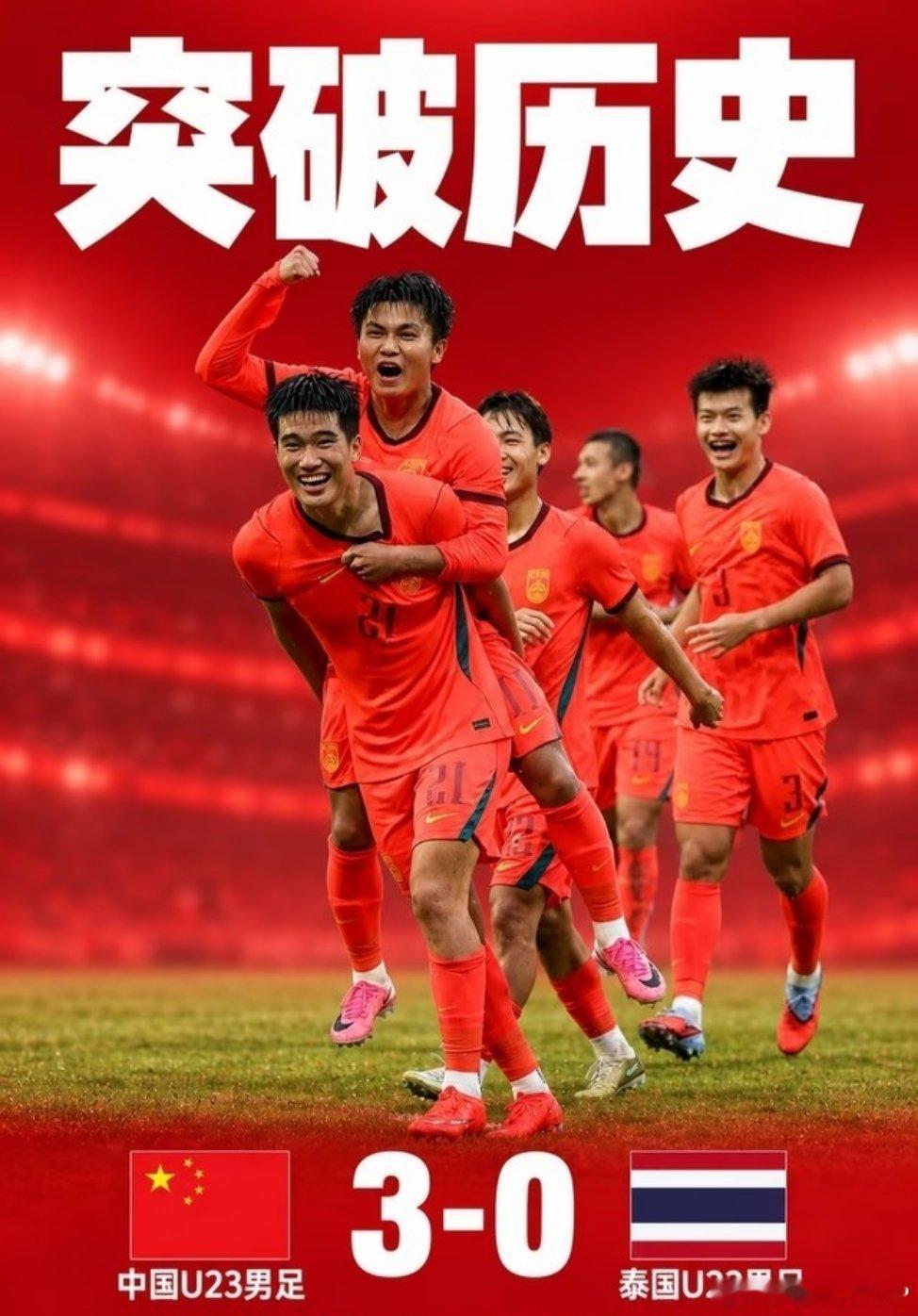 #足球##体育# 在2026亚运会男足1/4决赛中，U23国足3-0轻取泰国，轻松晋级半决赛。这是创造中国足球历史的一代人，因为这是中国队时隔28年重返亚运男足4强，这也是U23国足改制以来首进4强！ ​
