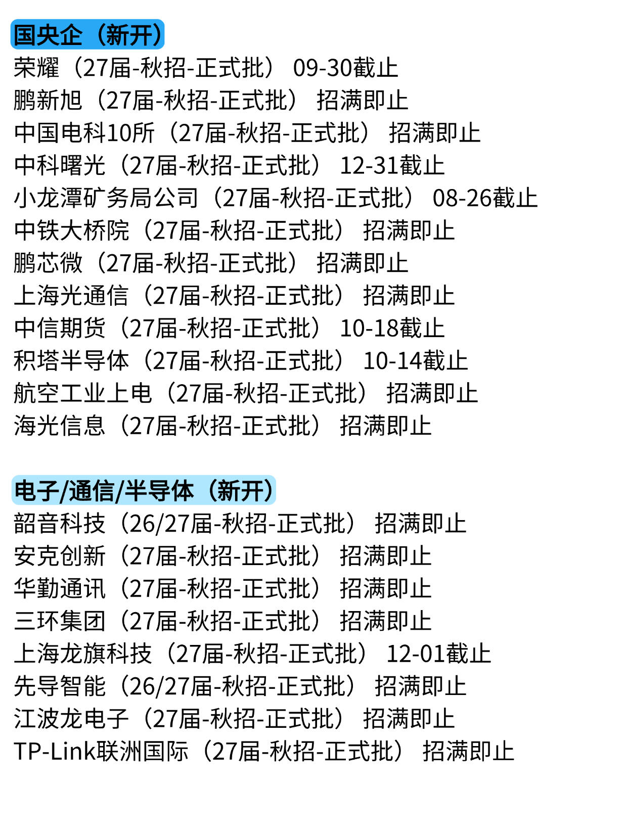 昨天竟然新开了90多家秋招！隔壁宿舍投完了|||27届的宝子们别慌！秋招黄金期虽然卷，但机会真的还很多！今天连夜整理了10家耳熟能详的大厂，涵盖国央企、互联网、外企和硬核科技，全是刚刚开启或正在热招的岗位，赶紧码住冲！💼
	
🏢 国央企/硬核科技（稳如泰山）
	
荣耀：手机圈顶流，27届秋招正式批9