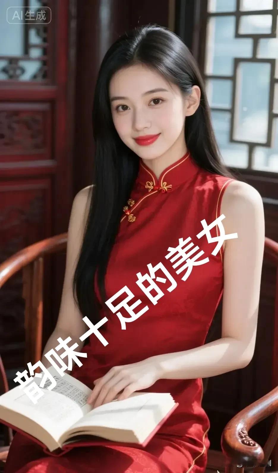她身着红绸旗袍，于中式雅室捧卷而坐，每一处盘扣与浅笑，都是韵味十足的东...