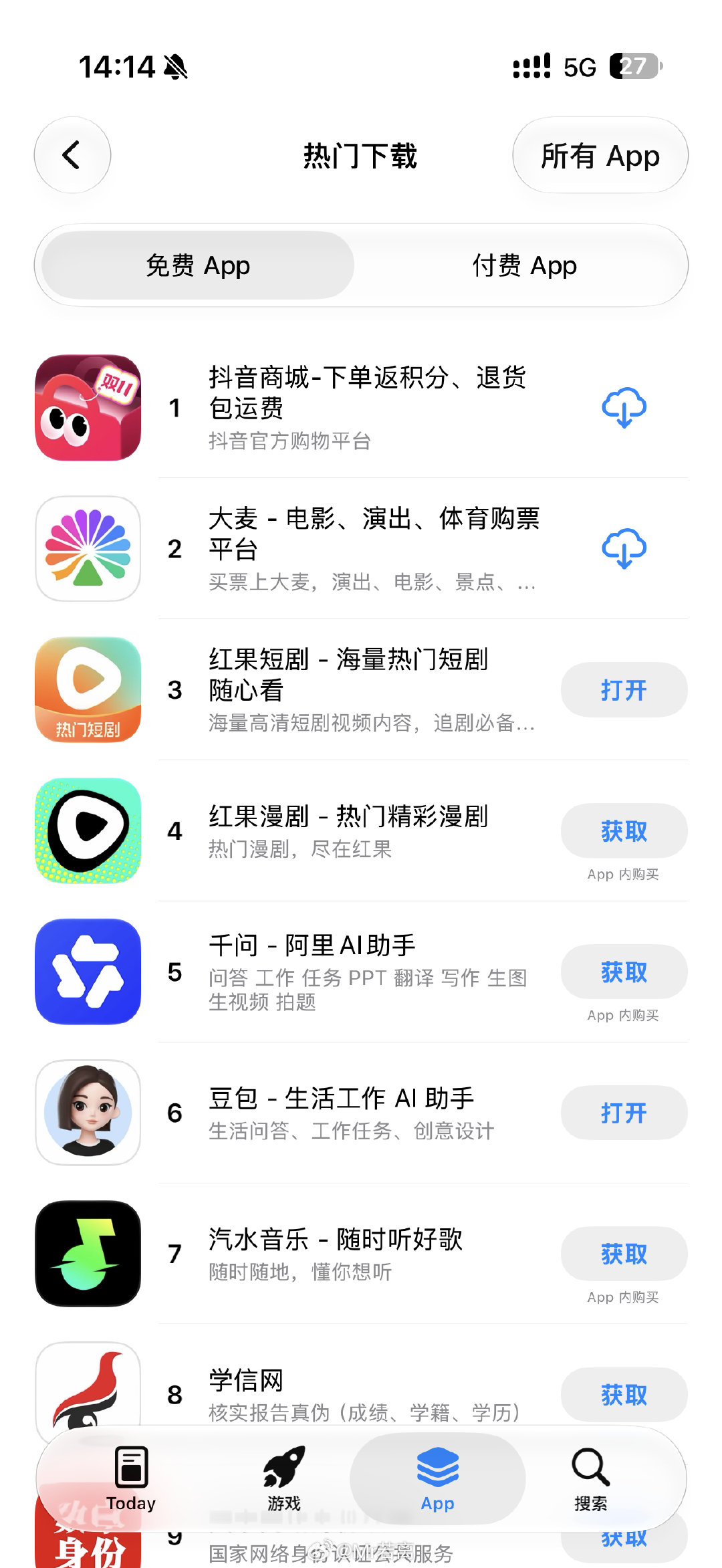 #appstore正式进入字节时代#特地去看了一下免费APP排行榜，确实是字节系称王称霸[允悲] ​