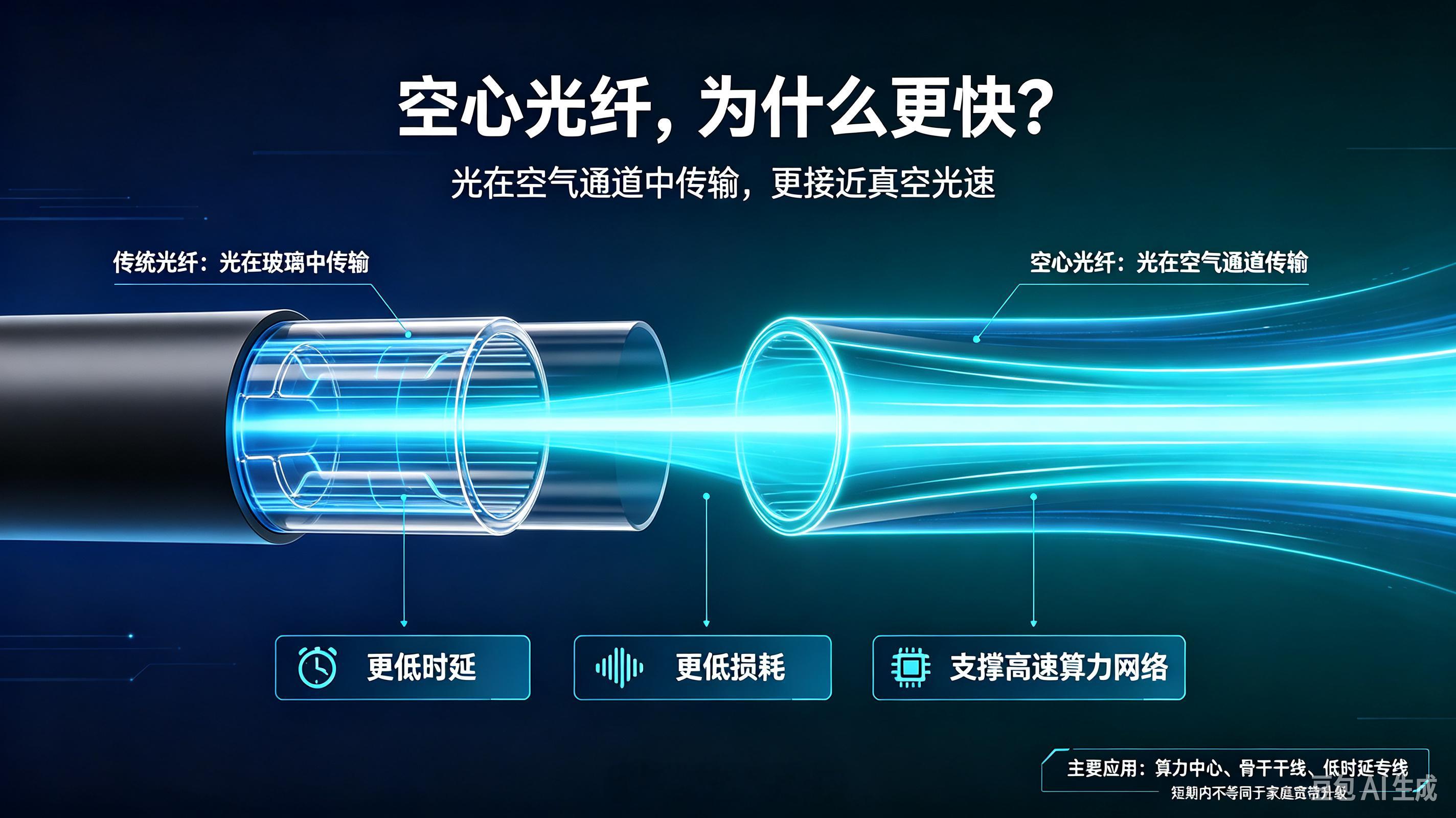 #中国空心光纤网速更快了#
1. 速度更快、延迟更低
光在玻璃中速度只有真空约70%；空芯光纤可达真空99.7%，传输时延降低30%以上，跨地域数据交互几乎无感。

2. 信号损耗更小
减少玻璃介质带来的散射衰减，远距离传输不用频繁中继，适合超长距离骨干网、海底光缆、AI智算中心、跨境金融专线。

3. 超大 ​