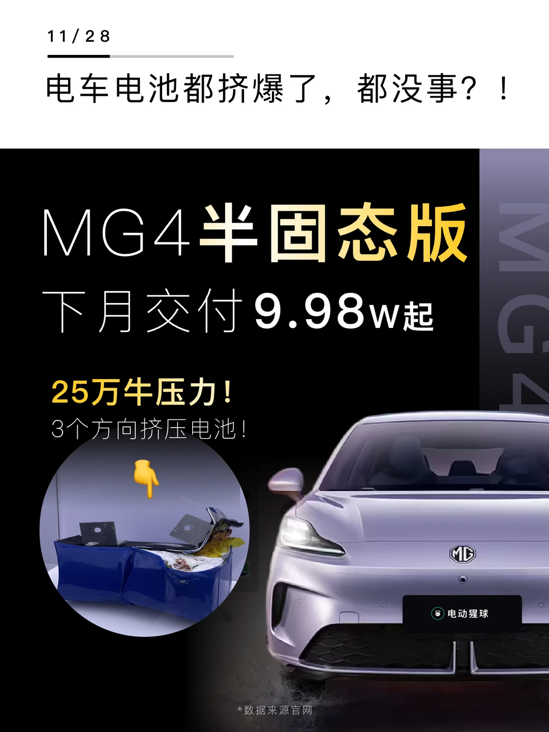 MG你来真的！半固态电池被挤爆都没事？