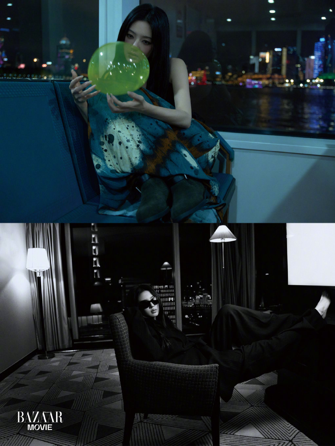 #何瑞贤摩登时尚女郎##何瑞贤复古都市大片#何瑞贤这组复古都市大片氛围感拉满。皮衣、墨镜加持，在迷幻光影之间，化身摩登时尚女郎。造型凌厉洒脱，姿态松弛有力量，每一帧都充满电影质感，将都市女性的飒爽魅力展现得淋漓尽致。 ​