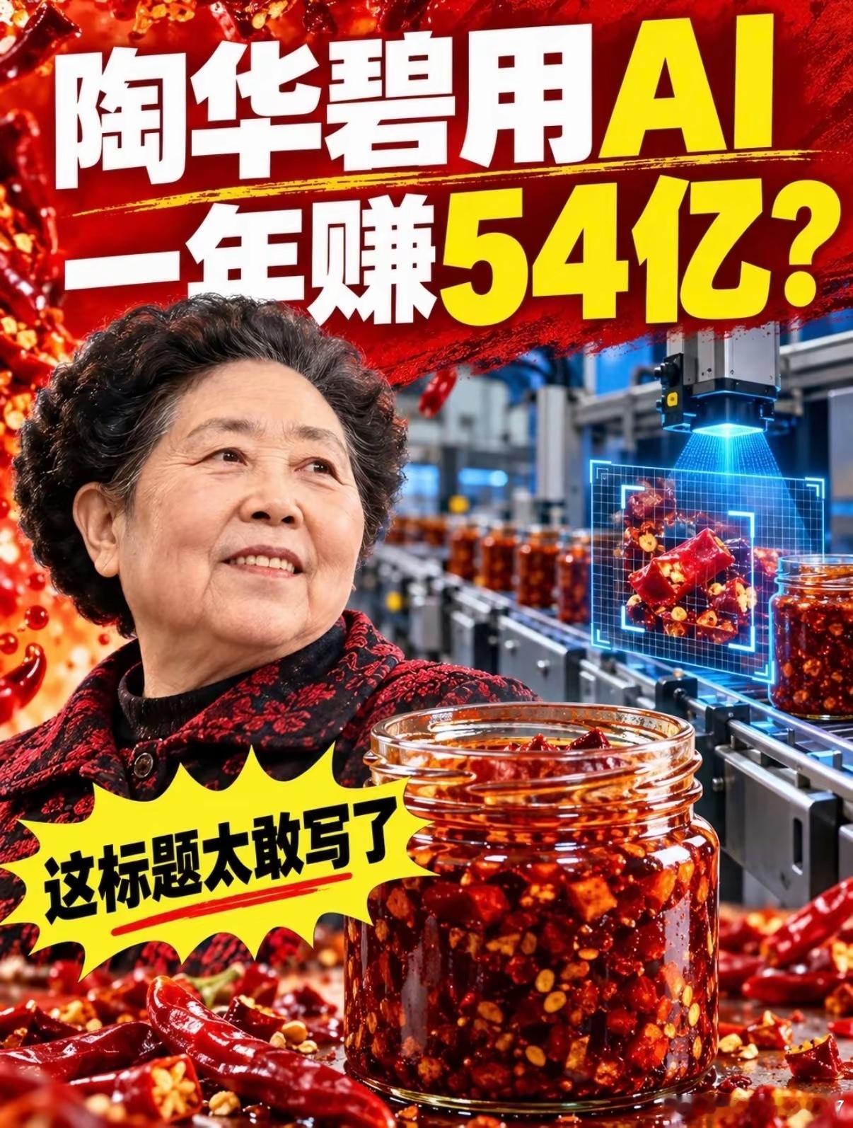 ​最近，这个话题冲上热搜，很多人感慨：一直低调的老干妈，闷声干了件大事。不少人以为老干妈还停留在传统手工时代，没想到早已悄悄拥抱AI智能化，2025年营收达到54亿元，创下品牌历史新高。
​这里先厘清一点：54亿是全年营收，不是AI直接赚来的利润。AI是提质降本的工具，业绩回升，离不开坚持原有 ​