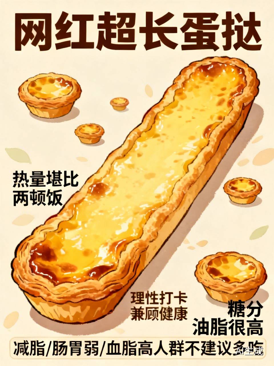 网红超长蛋挞，别只顾打卡忽略热量
网红超长蛋挞火爆出圈，排队抢购只为朋友圈晒图。一根热量堪比两顿饭，糖分油脂很高。减脂、肠胃弱、血脂高的人群不建议多吃。跟风打卡要理性，美食也要兼顾身体健康，你会去尝试吗？
不少网友晒出实拍视频，整根蛋挞比手机还长三分之一，酥皮叠了十几层，掰开能拉出半米长的丝，视觉冲