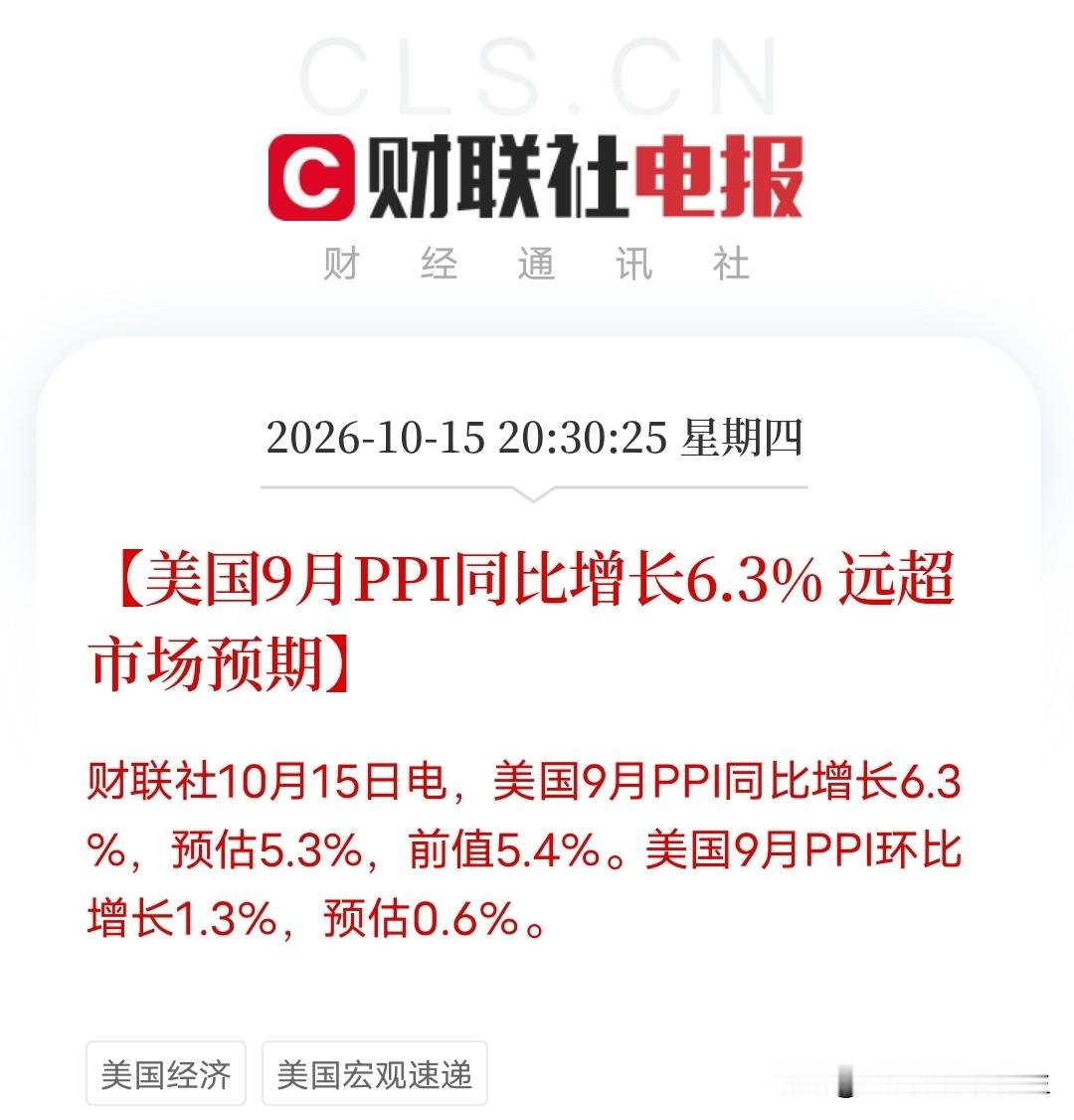 晚上9点半每股开盘，刚扫完盘面，直接说重点

今晚最大的事儿不是纳指低开1.3%，是PPI爆表的同时，美债收益率居然大降，这个背离太反常了。

先看数据。美国9月PPI同比增长6.3%，预估5.3%，前值5.4%。环比增长1.3%，预估0.6%。两个数字都远超预期，PPI比CPI还猛。

按理说，P