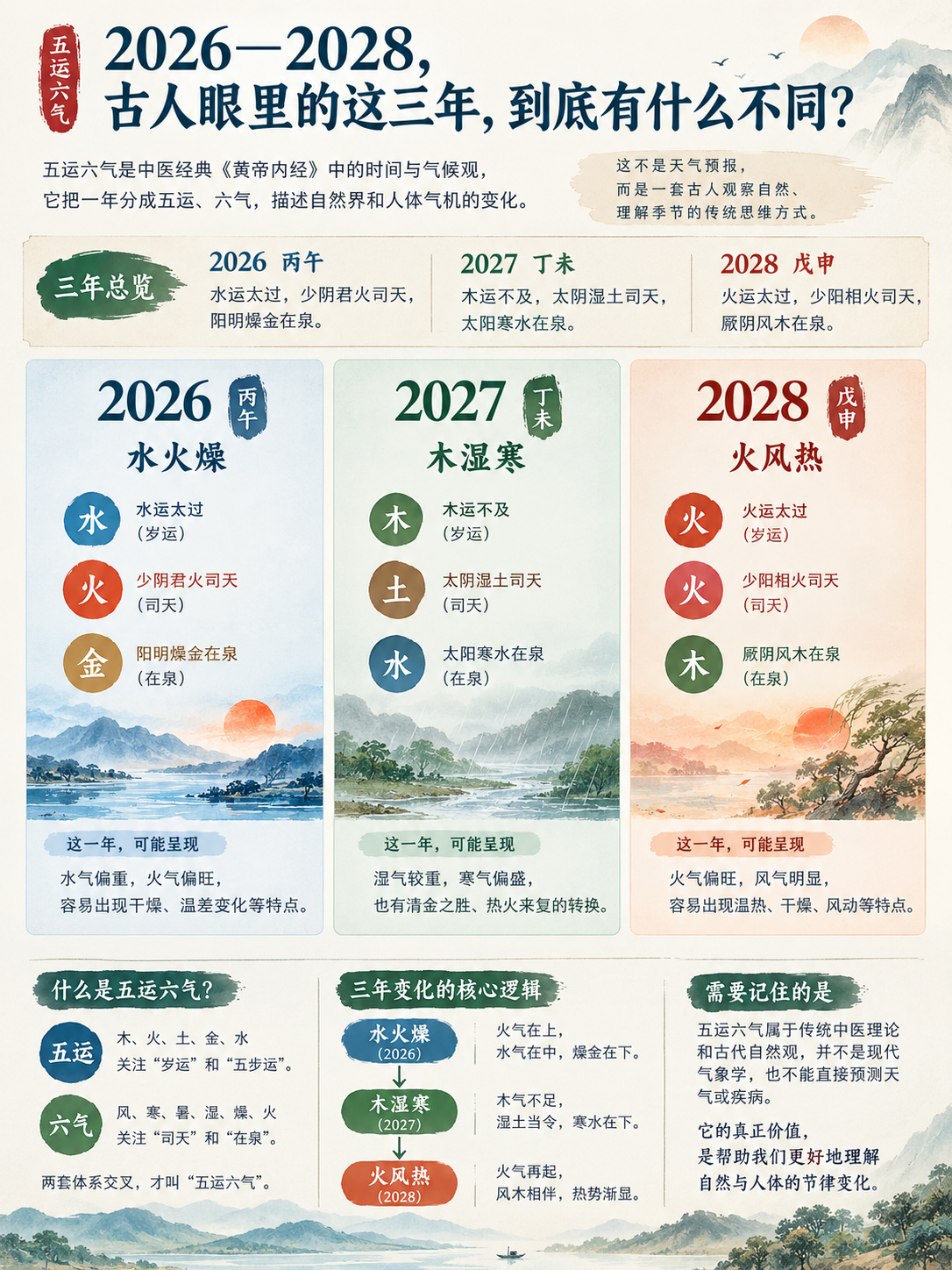 2026—2028，古人眼里的这三年，到底有什么不同？

如果把2026—2028这三年放在一起看，会发现传统五运六气里，它们的“气”变化还挺有意思。

先说结论：

2026丙午：水运太过，少阴君火司天，阳明燥金在泉。

2027丁未：木运不及，太阴湿土司天，太阳寒水在泉。

2028戊申：火运太过，少阳相火司天， ​