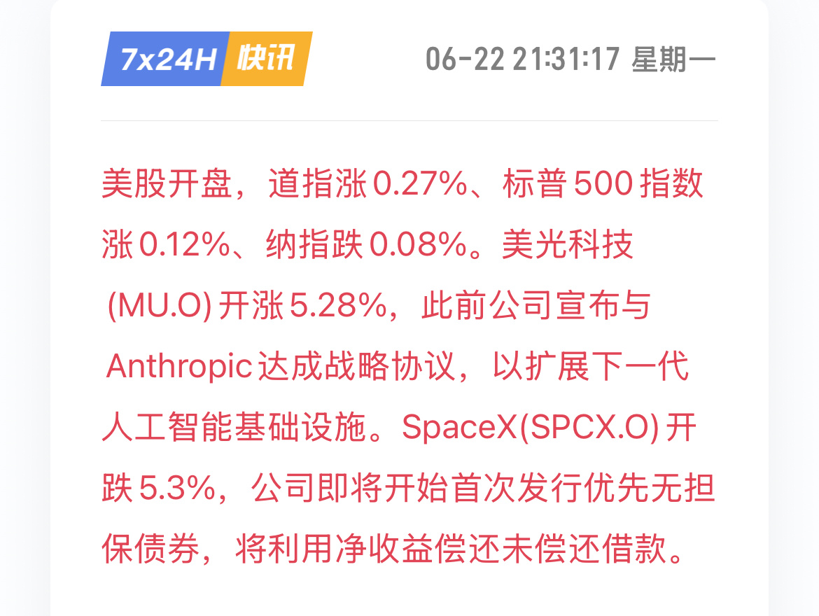 美股盘初行情分化，道琼斯工业平均指数小幅走高0.27%，标普500同步...
