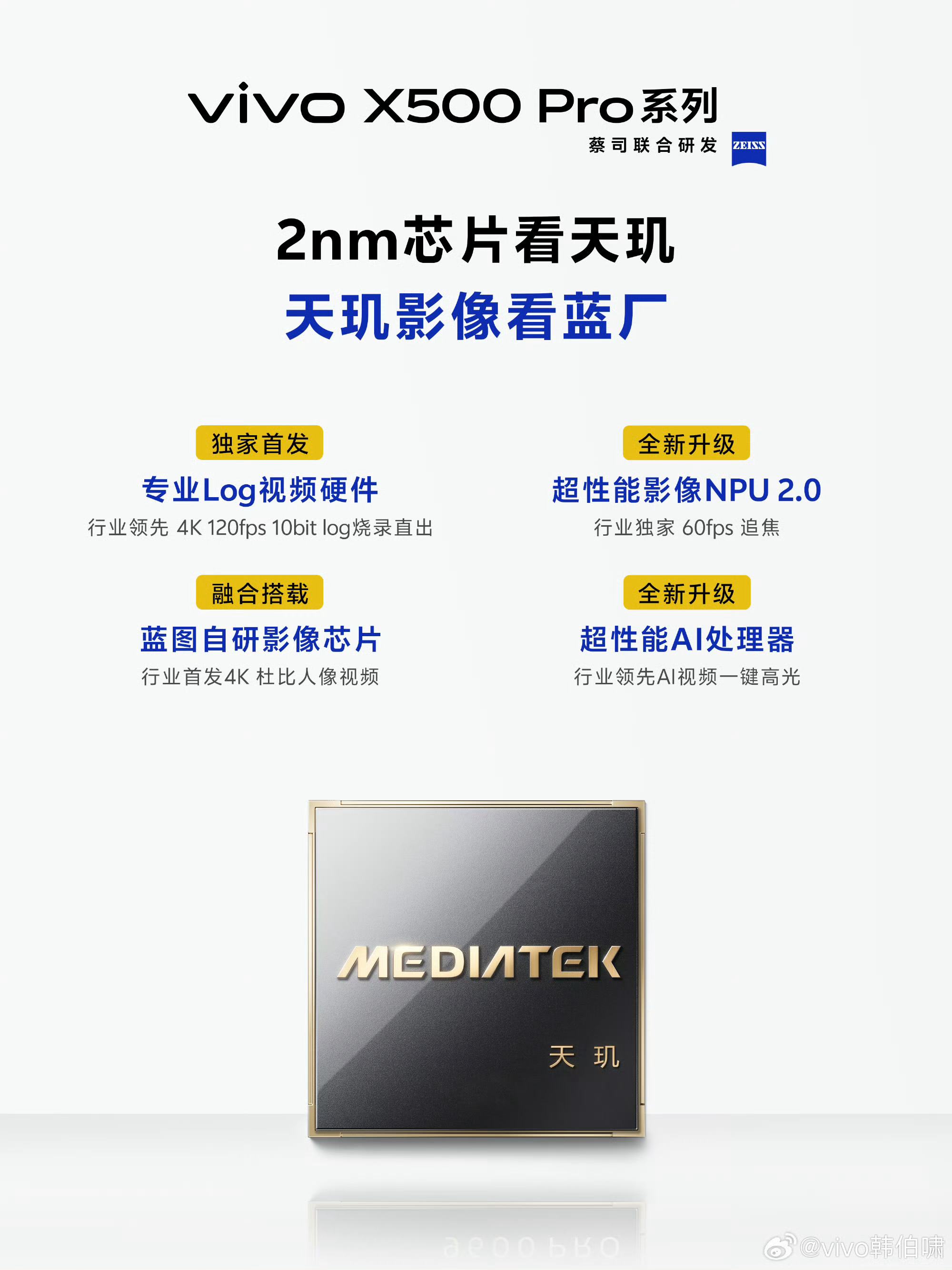 看完X500 Pro系列芯片预热，一个很直观的感受：现在旗舰芯片竞争，已经不只是CPU/GPU跑分了。
 
这颗2nm天玑，除了制程、GPU、端侧AI能力，vivo和MTK把大量联合开发放在视频影像。硬件专区、视频追焦、杜比人像视频，一堆针对视频拍摄的底层改动。
 
看得出来厂商在找差异化，不再单纯拼纸面参数，从底 ​