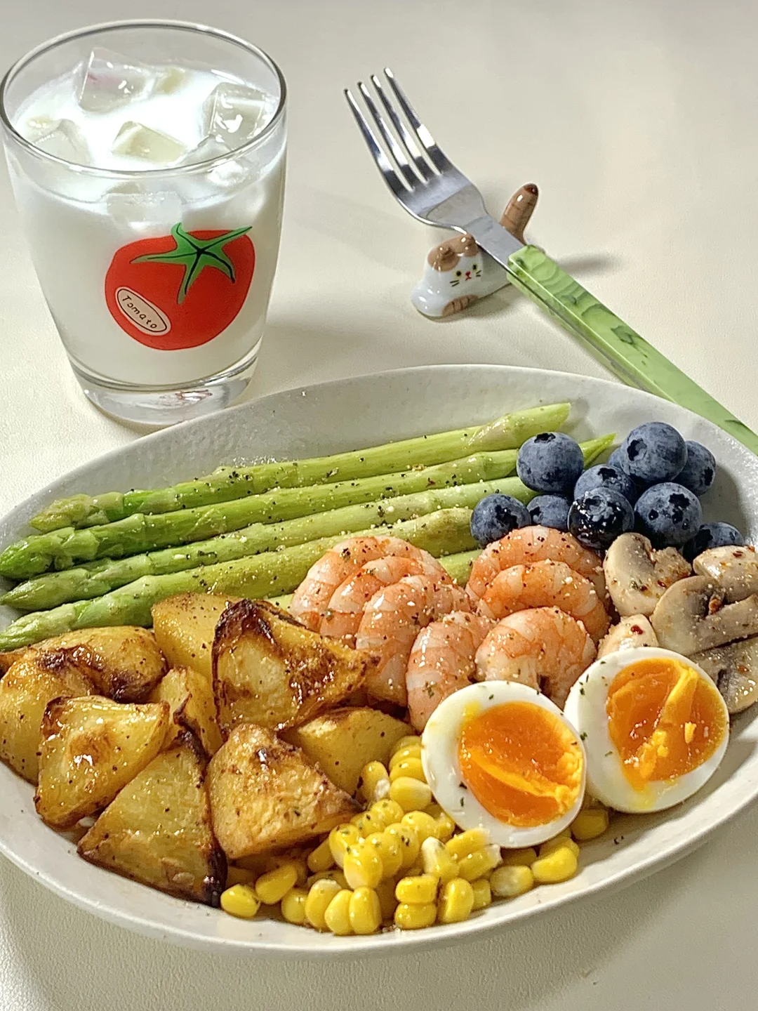 低卡饮食🍤虾仁鸡蛋薯角芦笋拼盘🍳