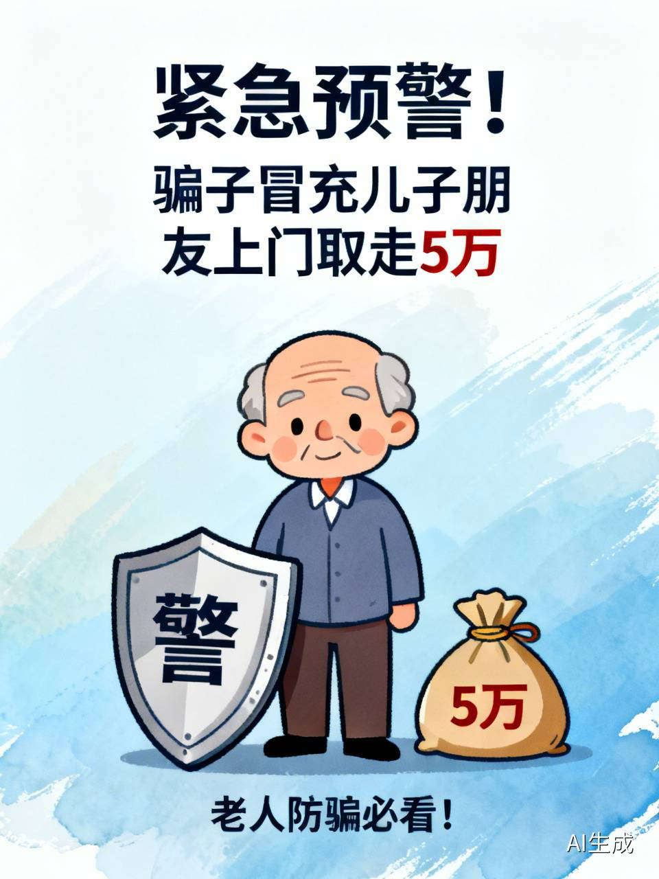 紧急预警！骗子冒充儿子朋友上门取走5万，老人防骗必看！

“阿姨，您儿子让我来取5万块钱，他出事了急用！”

就这一句话，一位老人辛苦攒下的5万块养老钱，没了。

事情是这样的：前几天，张阿姨（化名）独自在家，突然有人敲门。门外是个年轻小伙，自称是她儿子的好朋友，说儿子在外地出了点急事，急需5万块周