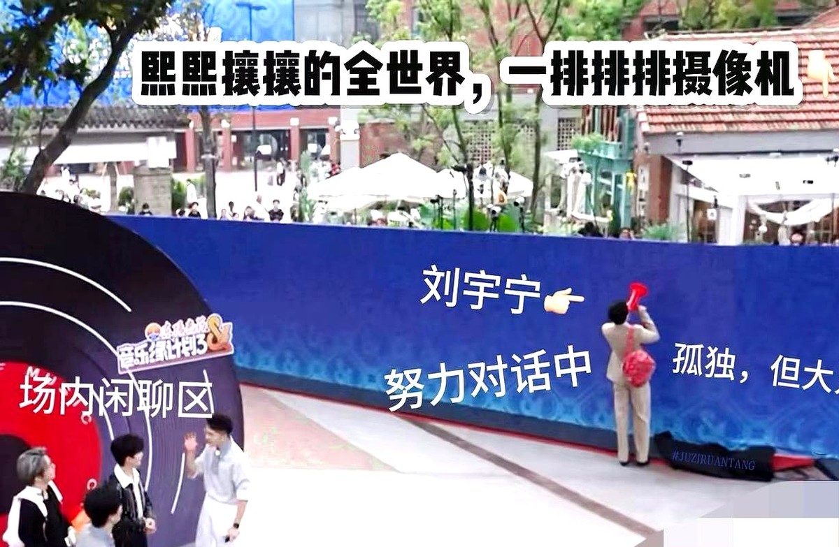刘宇宁本来是出来求粉丝安静的，结果现场尖叫直接翻了一倍。

录节目外围长枪短炮喊声震天，严重影响收音。刘宇宁小跑出来打圆场，又是抱拳又是拱手，把手指竖在嘴边拼命比“嘘”，求大家配合。

坏就坏在中间隔了道墙。

外头粉丝视角受限，愣是把嘘声动作看成了隔空比心营业。里头急得直抓狂，外头声嘶力竭疯狂回应