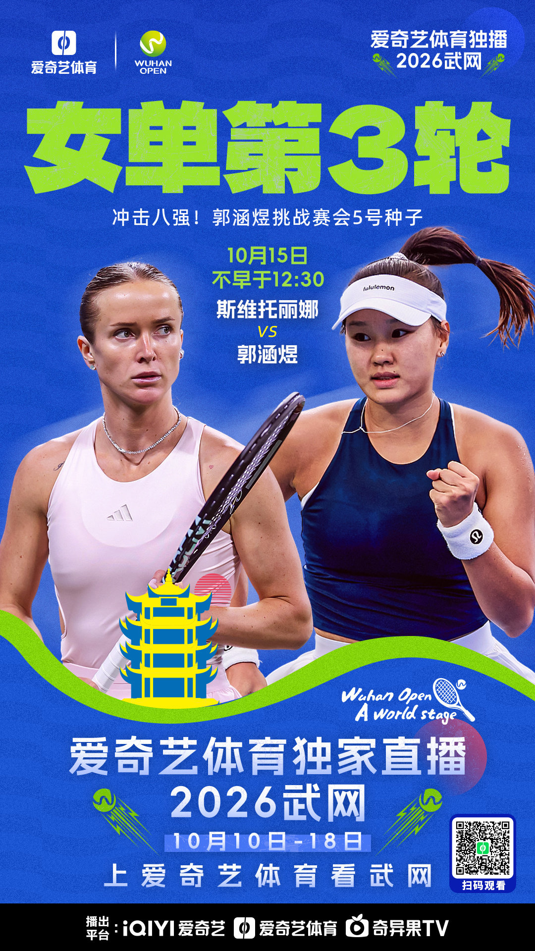 #爱奇艺体育独家直播2026武网# 

#2026武网# 女单第3轮，斯维托丽娜vs郭涵煜🇨🇳 比赛正在进行！

首盘斯维托丽娜6-1拿下，第2盘郭涵煜暂时以3-2领先。

📺直播间：

#上爱奇艺体育看武网# ​​​​