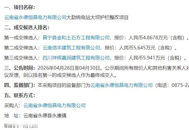 #临沧[超话]# 请加强监管！
云南省永德恒昌电力有限公司大勐统电站大坝护栏整改项目询价采购，2026-04-23公告，金额4.8678万元，成交候选人：四川祥辉嘉润建筑工程有限公司。
登录“信用中国”官网查询，人民法院最早于2024年发布公告，四川祥辉嘉润建筑工程有限公司被列为“失信被执 ​