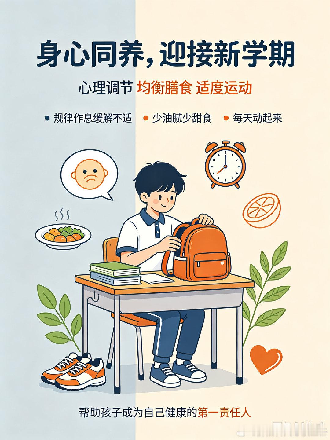 #开学健康第一课#
告别假期，不少孩子会出现开学综合征：焦虑、作息紊乱、情绪低落。中国中医科学院广安门医院主任医师#关念波医生# 提示：青少年健康，身体和心理同样重要。
 
🧠调节开学综合征：循序渐进调整作息，多和孩子沟通疏导情绪，接纳适应期的小波动。
🥗平衡膳食与运动：面对青少年超重肥胖问题，不盲目节食，合理搭配三餐，坚持户外运动，做到吃动平衡。
✨树立“健康第一责任人”意识：教会孩子懂得关注自身身体感受，懂得主动防护、爱护自己。
 
少年强则体魄强，身心健康，才是最好的开学礼物🎒
 
#开学健康第一课 #儿童心理健康 #关念波医生[超话]##青少年膳食# #2026开学#
