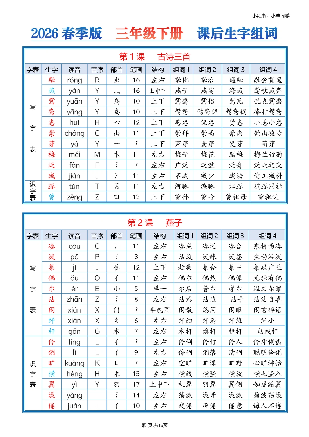 三下语文 ‖ 课后生字组词课课贴【2026春版】