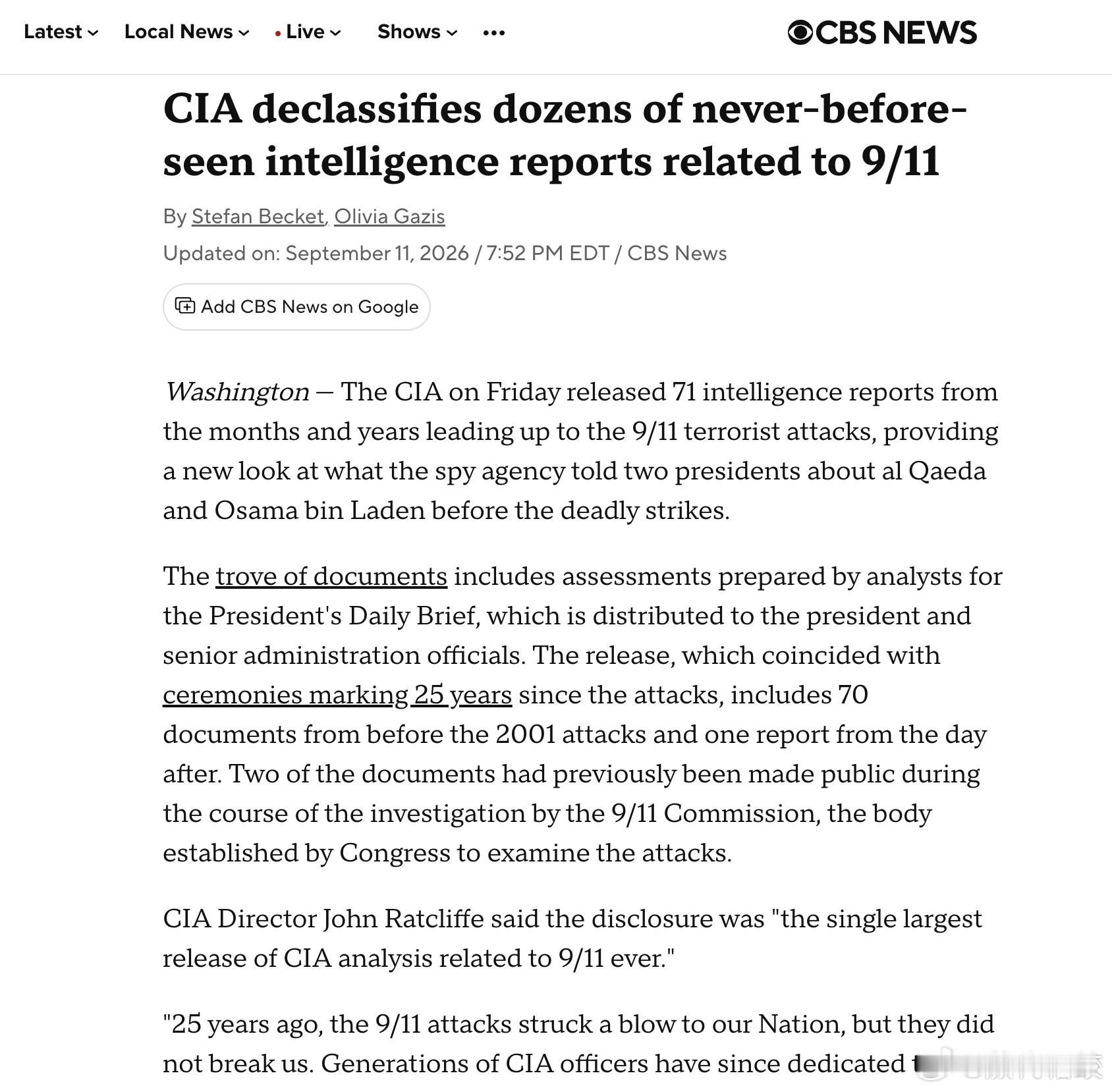911、25周年之际，CIA公开了71份此前高度机密的总统每日简报（PDB），这是CIA迄今最大规模的911相关情报解密。这些文件从1998年开始直到袭击后一天，记录了美国最高层收到的关于本拉登和基地组织的情报：他们并非毫无预警，而是多年持续追踪这个威胁。

最令人震撼的是，CIA早在1998年就讨论过基地组织 ​