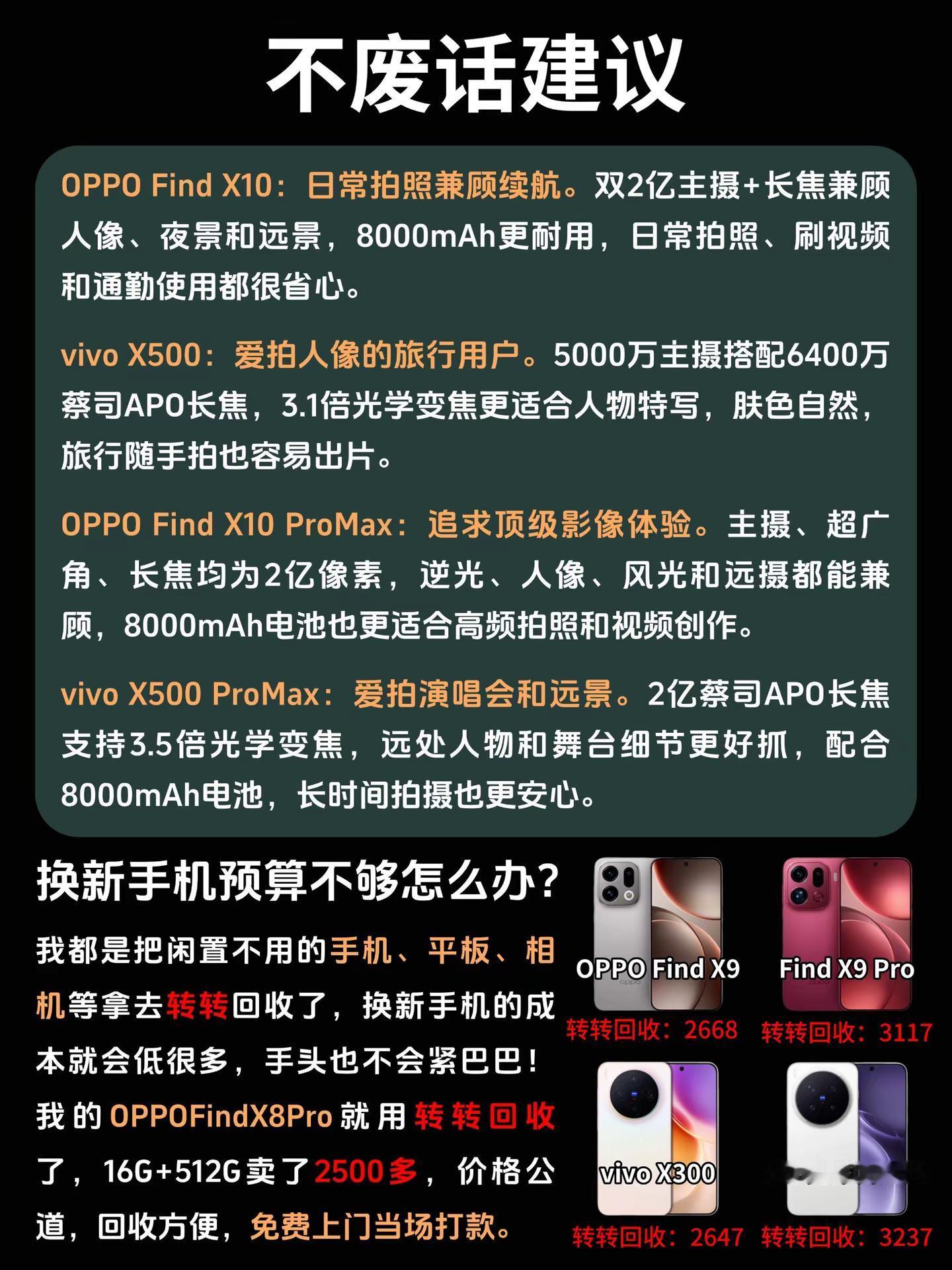vivo和OPPO发布的新品手机怎么选？vivoX500和OPPOFindX10系列手机配置对比日常拍照兼顾续航：OPPOFindX10喜欢人像拍照：vivoX500追求影像体验：FindX10Promax爱拍演唱会和远景：X500PromaxOPPOFindX10 vivoX500