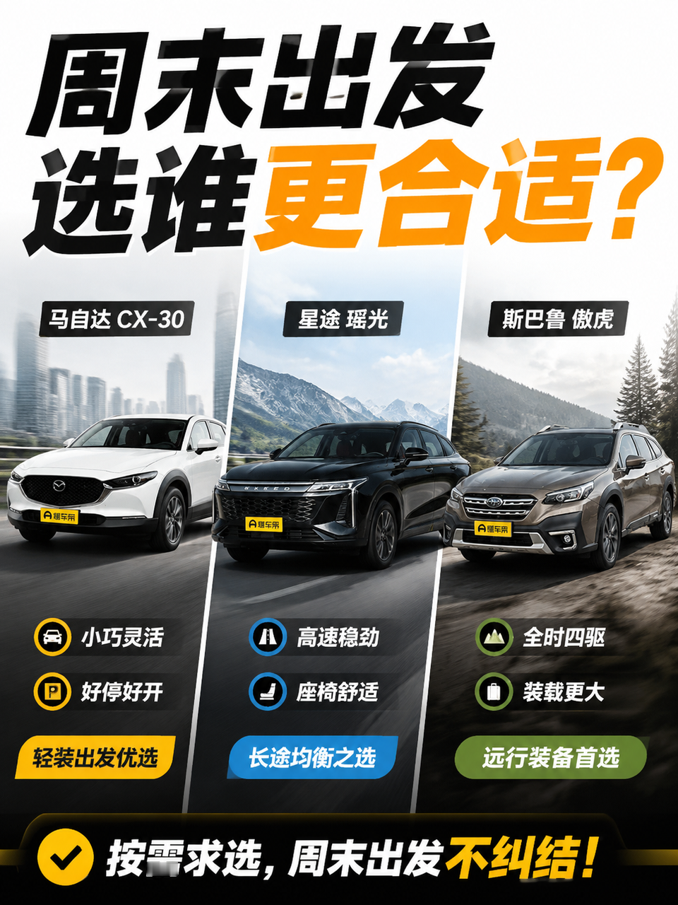 周末跑400公里还带一堆装备，CX-30、瑶光、傲虎得从装车那一刻开始比
周五准备出发，两个人、两个行李箱、摄影包、折叠桌椅全放到车旁边，CX-30、星途瑶光、斯巴鲁傲虎的区别一下比静态看车明显多了。
轻装出发的时候，CX-30的小尺寸很舒服。下班高峰穿市区、陌生城市找车位，都不需要为了大车身多操心