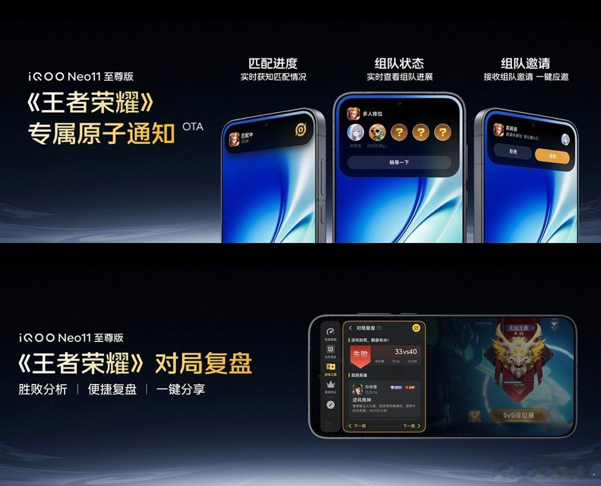 iQOO Neo11至尊版首发《王者荣耀》原子通知，组队邀请、匹配进度、组队状态全部上岛，这个功能可以有[666] ​
