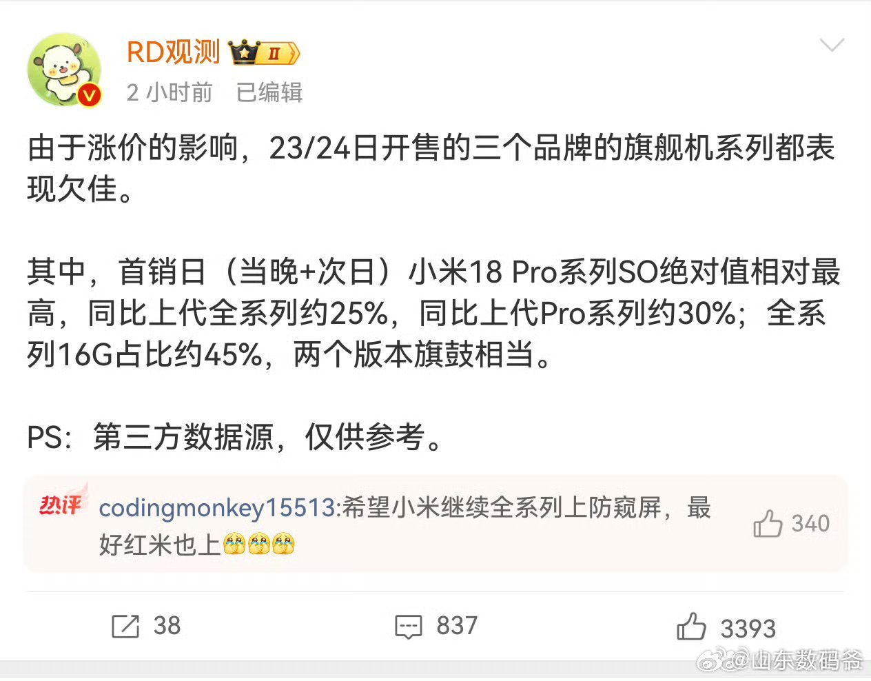 RD观测的数据，

小米18 Pro系列首销为上代的30%（降了70%）。

极客村长的数据，

小米18 Pro系列相较上一代涨了30%（相当于上一代的130%）。

哪个数据是真的呀？ ​​​